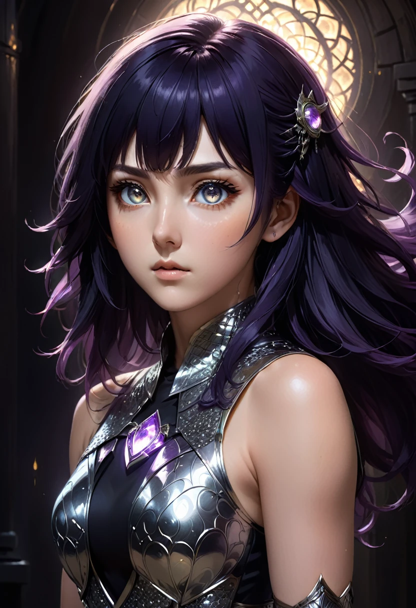 A woman (hyuuga hinata) with Roxo hair and Luminous eyes(Empty eyes)  looks at the camera, 
ruanyi0801,revealing clothes,jewelry,chainmail,sleeveless,tight skirt
Beautiful picture of the character, character portrait, character portrait, 🤤 hinata huyga character art, epic portrait illustration, Details character portrait, neo-artcore and high quality portrait, fantasy concept art portrait, detailed matte fantasy portrait, charlie bowater art style, Detailed beautiful portrait, fantasy art portrait
oil and watercolor painting, dark, chiaroscuro, MythAn1m3