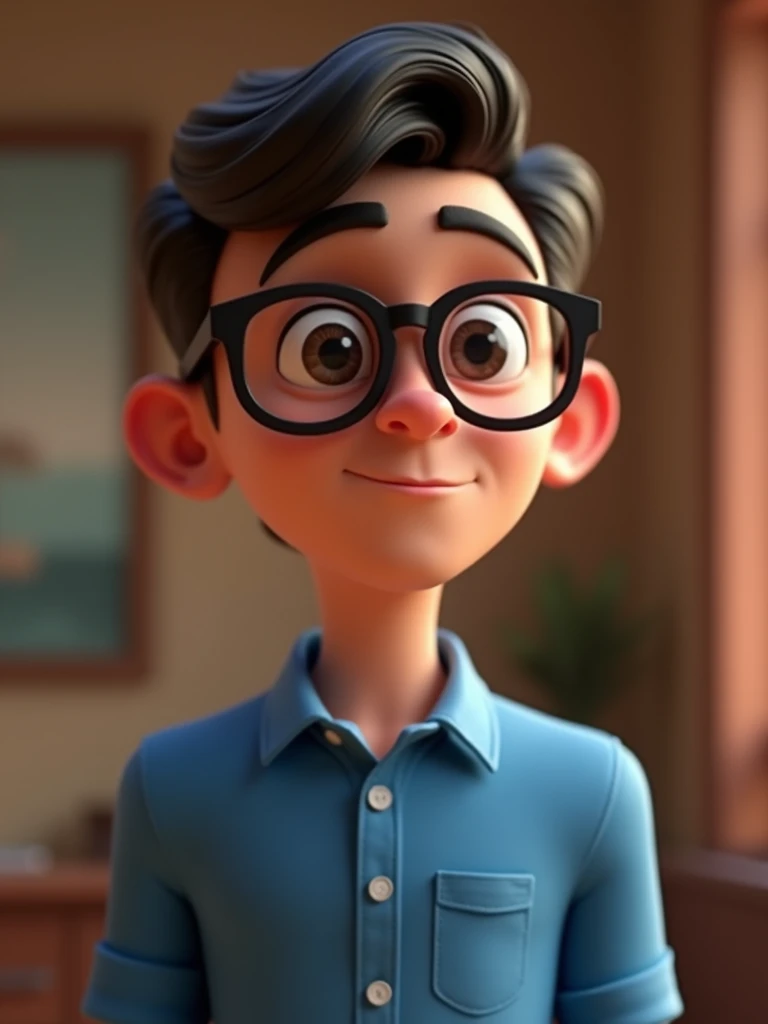 Cartoon character of a man in black glasses and blue shirt, an animated character, stylized character, animation style rendering, 3d stylized, Arnold Maya rendering, Stylized 3D rendering, toon render screenshot, 3d character, 3d character, Stylized 3D rendering, 3D character rendering, cartoon character, Personagem de close up, character posing, (Pixar-style) (master part:1.2) (bokeh) (best qualityer) (skin detailed) (detailed texture) (8k) (Argilla) (cinematic lighting) (sharp focus,Sit down and lift your upper body