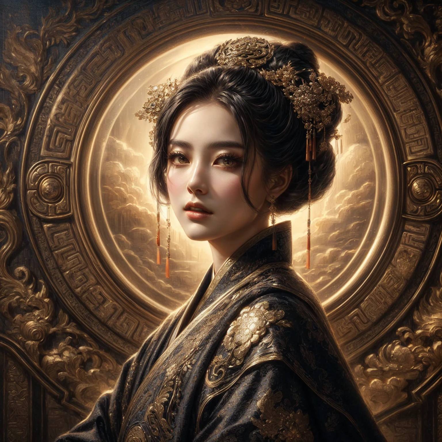 a close up of a woman in a black dress with a gold halo, ancient chinese princess, a beautiful fantasy empress, beautiful digital artwork, 4k highly detailed digital art, palace , a girl in hanfu, ancient chinese goddess, ancient china art style, 8k stunning artwork, chinese princess, beautiful character painting, beautiful fantasy art portrait, beautiful art uhd 4 k