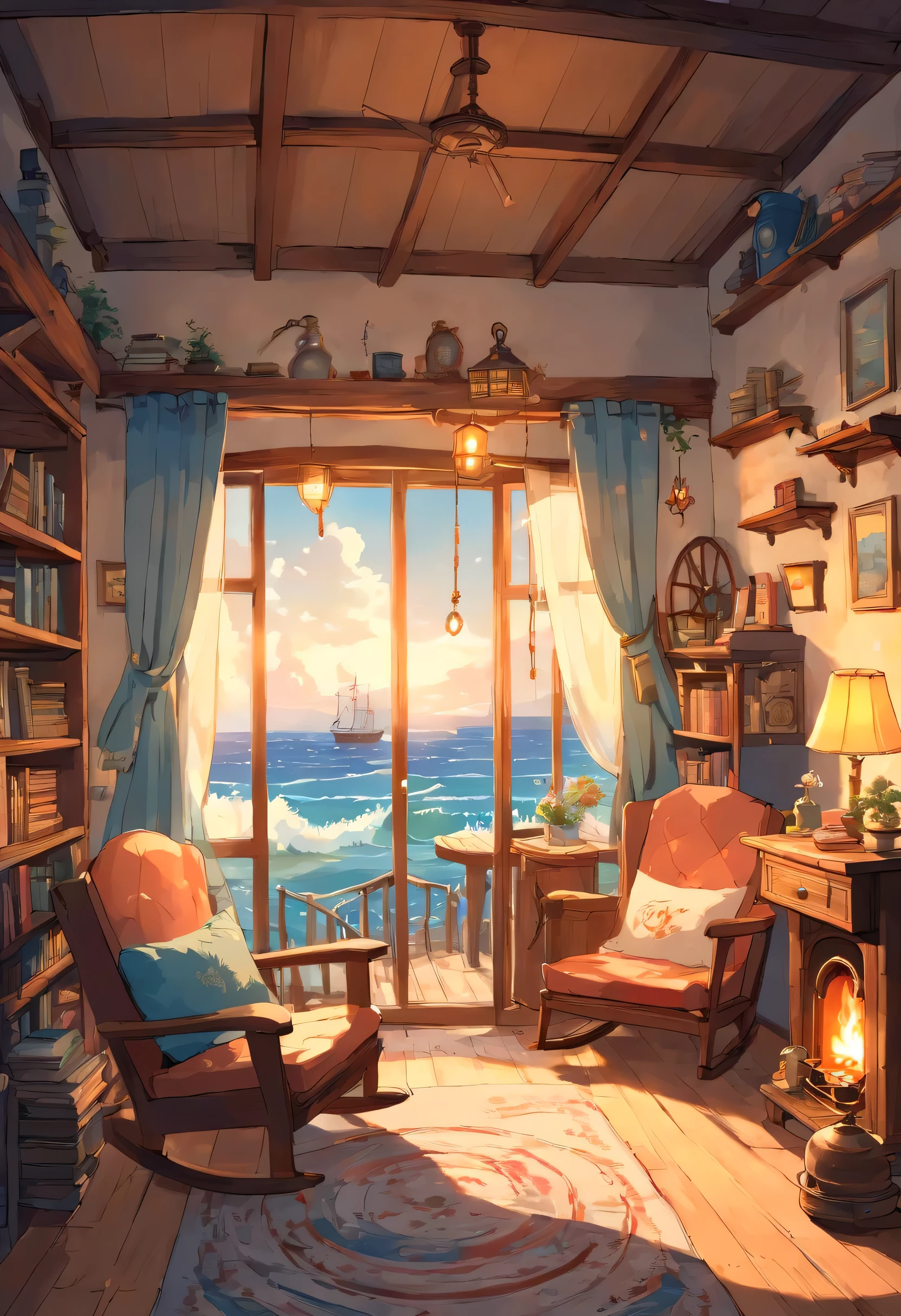 (a cozy cottage bedroom:1.1,subtle blue themeing:1.1),by the sea,slightly messy,ocean breeze,comfortable bed,soft and fluffy pillows,warm woolen blanket,weathered wooden floor,clamshell-shaped nightstands,vintage lamp with a soft glow,seashell decorations on the windowsill,gentle waves crashing outside,seagull sounds in the distance,lightly ruffled curtains,slightly open window overlooking the sea,peaceful and serene atmosphere,distant lighthouse guiding the way,old-fashioned rocking chair by the fireplace,bookshelf filled with well-loved novels and seafaring tales,crackling fire casting a warm glow,cozy armchair next to a small side table,teacup steaming with fragrant herbal tea,dreamcatcher hanging above the bed,soft sunlight streaming in through the curtains,laid-back and relaxed vibe,mix of rustic and nautical elements,warm and inviting ambiance