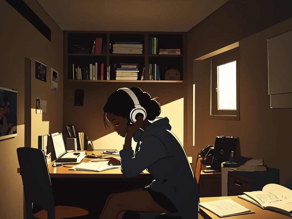 black girl studying in her room in the dark with headphones