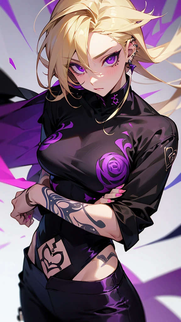 Feminine, blond, guy with purple eyes, tattoos and piercings. Wearing womans clothing