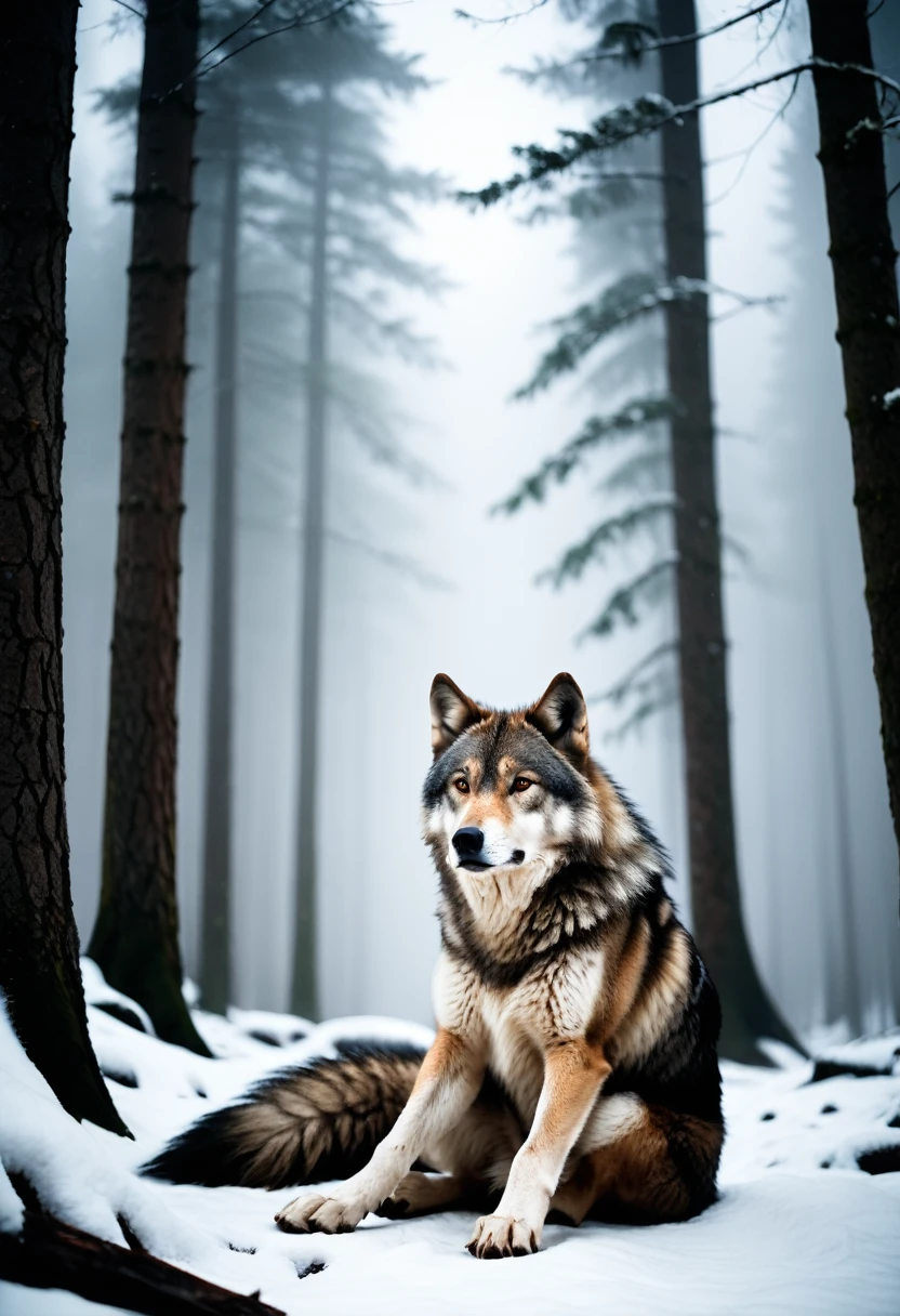 cinematic film still, wolf sitting, wild, forrest, snow