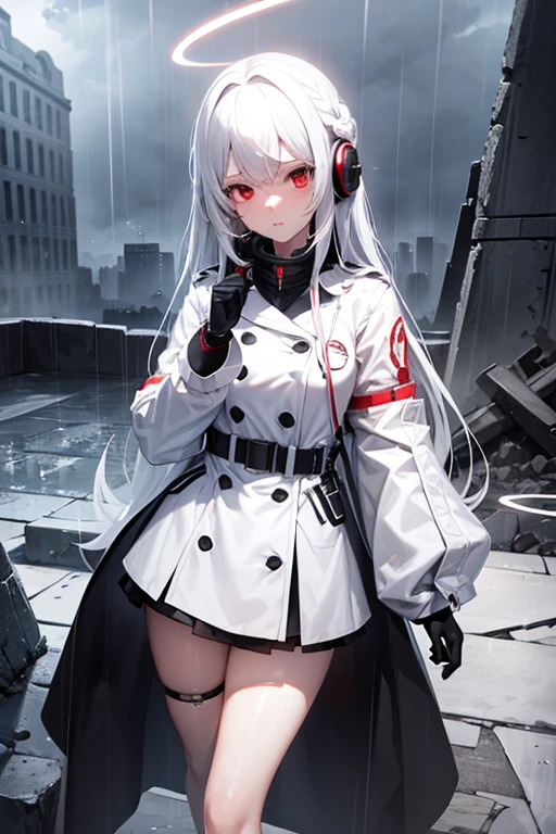 3:38
masterpiece, best quality, 1girl, red eyes, white hair, white legs, raincoat, black gloves, black coat, raining, sky, ruins, headset, rubble, android, long hair, halo,