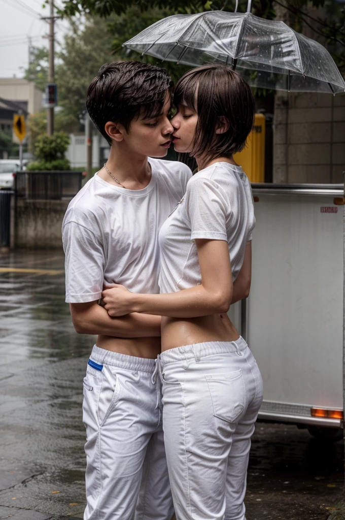 a skinny boy with a skinny girl hugging each other sensually and face to face, a skinny couple of 14 year old teenagers, the same height, kissing each other on the mouth. the boy and the girl are wearing wet white clothes, they are standing in the rain with their clothes completely wet, the boy's white clothes are super tight on his body and some of the boy's belly is showing through his white shirt, the boy and the girl are wearing white pants, a white t-shirt and white shoes and a white bracelet on their arm. the boy's white clothes are very tight on his body and the boy's white shirt is pulled back by the girl. the boy has short straight hair with bangs and the girl has straight hair with bangs. they are stepping on the sidewalk in front of an ambulance.