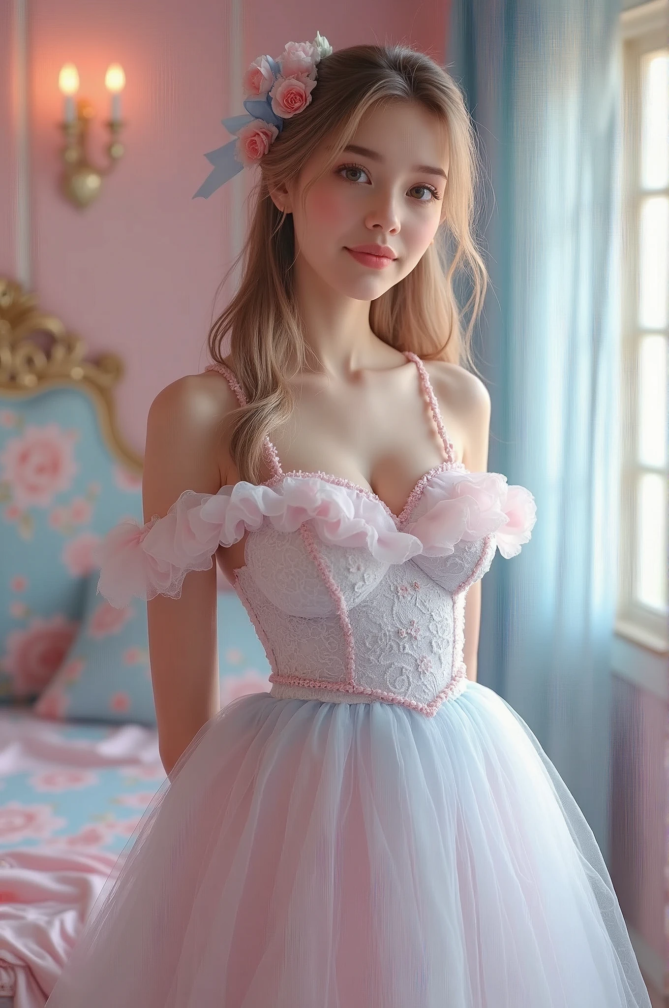 (Highest quality、masterpiece、8k、Best image quality、Hyperrealism、Award-winning works)、16-year-old cute beautiful girl、(alone:1.1)、(1 photo:1.1)、(cute, Girlish, A high-end, sheer, light pink and light blue Lolita princess dress.:1.2)、(Cute girly big ribbon:1.1)、(Cute and luxurious hair accessories:1.1)、(A perfect see-through Lolita dress with attention to detail:1.3)、(A cute dress with frills and ribbons:1.1)、(cute lolita dress with lace decorations:1.1)、(Cute Girlish lolita wavy hair:1.1)、(Low length:1.1)、(height: 140cm:1.1)、(Very large breasts:1.5)、(Glamorous Body:1.5)、(Big cleavage:1.5)、(Pink Roses:1.1)、(cuteハートのシンボル:1.1)、cuteフリルがいっぱい、(大きなcuteリボン:1.1)、Accentuate your body lines、Slender body、Standing Elegantly、(Pastel color Girlish and luxurious lolita room background:1.1)、(A fairytale lolita room with attention to detail:1.1)、(cute水色の装飾壁:1.2)、(cute room with a Girlish atmosphere in pastel colors:1.1)、(cute room with very bright and shiny pastel colors:1.4)、(A very bright and shiny room:1.2)、(Full of pastel colors:1.2)、(very bright and vivid:1.4)、(cuteパステルカラーの壁飾り:1.2)、Blurred Background、Standing Elegantly少女、Accurate anatomy、(Perfect Makeup:1.1)、Long eyelashes、Glossy Lips、Ultra HD glossy skin、(Ultra-high definition, bright and beautiful skin:1.2)、(Super bright and radiant skin:1.2)、超高精細のGlossy Lips、Ultra-high definition beautiful teeth、Light brown and blonde hair、Light brown eyes、(pregnancy:1.1)