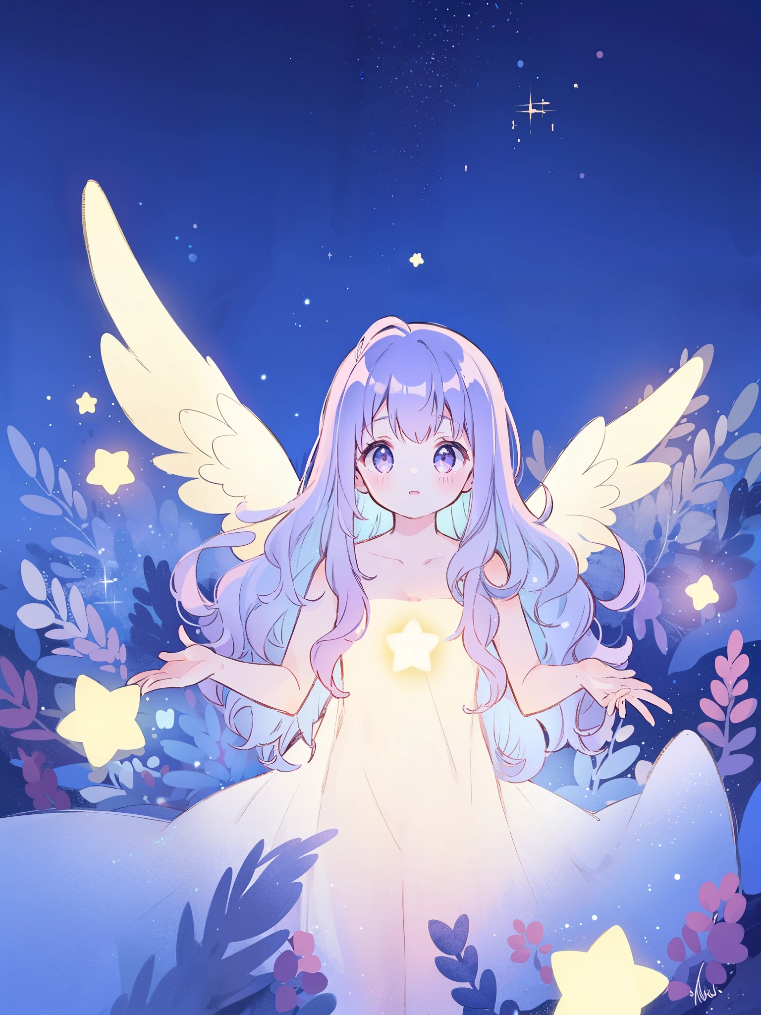 nude angel girl wearing an ethereal translucent dress, pale skin, ((wavy gradient blue purple hair)), white feathers, angel wings, sparkling detailed eyes, golden ratio face, perfect composition, highly detailed, ethereal, (starry night sky background), midjourney style