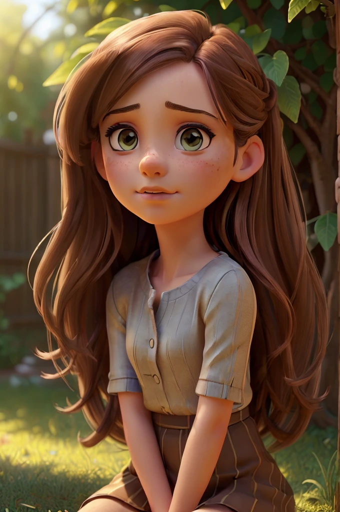 a sad young girl, 1girl, beautiful detailed eyes, beautiful detailed lips, extremely detailed face and portrait, melancholy expression, looking down, long flowing hair, sitting on the ground, overgrown garden, lush foliage, sunlight filtering through the leaves, (best quality,4k,8k,highres,masterpiece:1.2),ultra-detailed,(realistic,photorealistic,photo-realistic:1.37),cinematic lighting,dramatic shadows,warm color palette,oil painting,digital painting