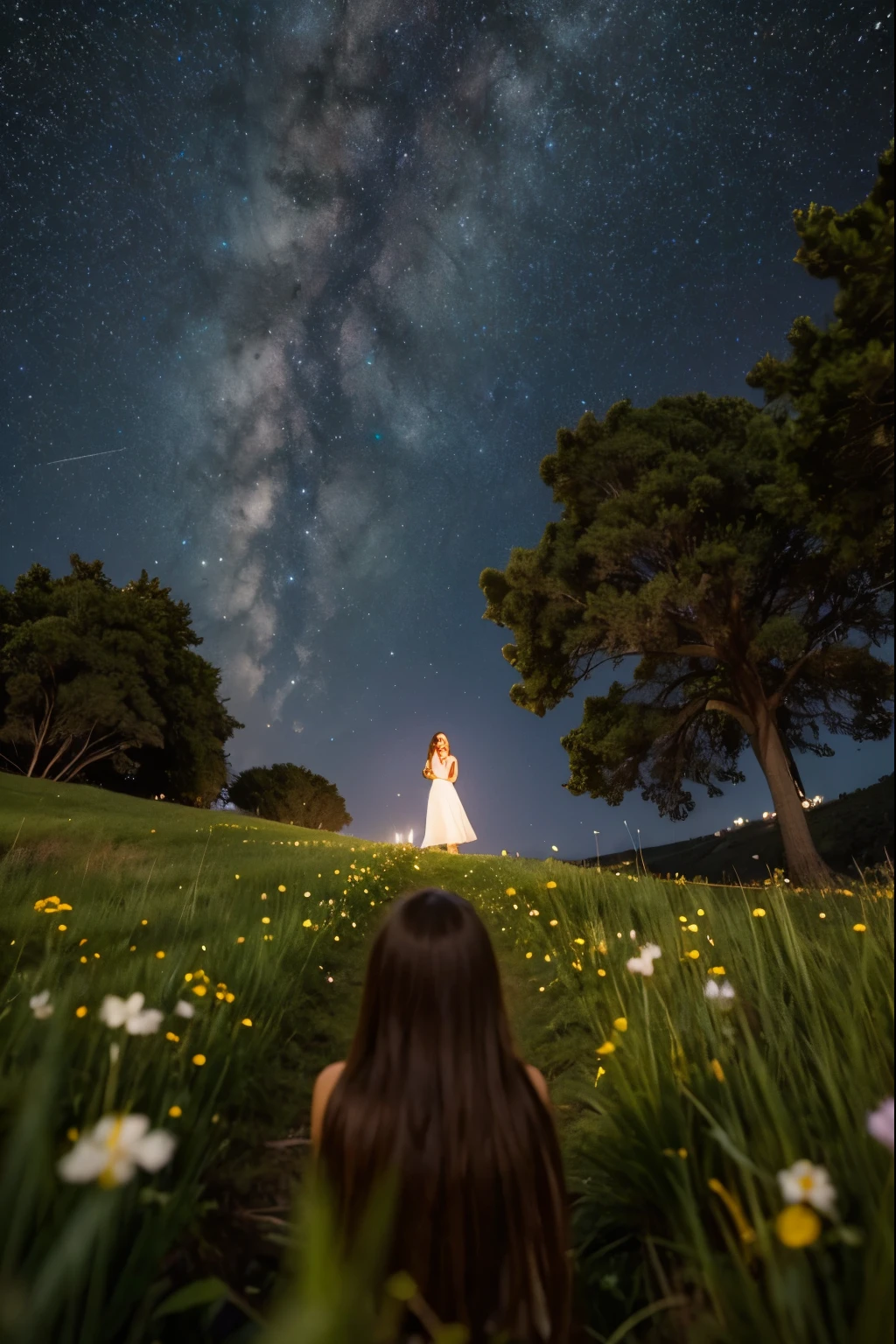 a girl on top of a hill, starry sky, view from below, flowering grass and trees,