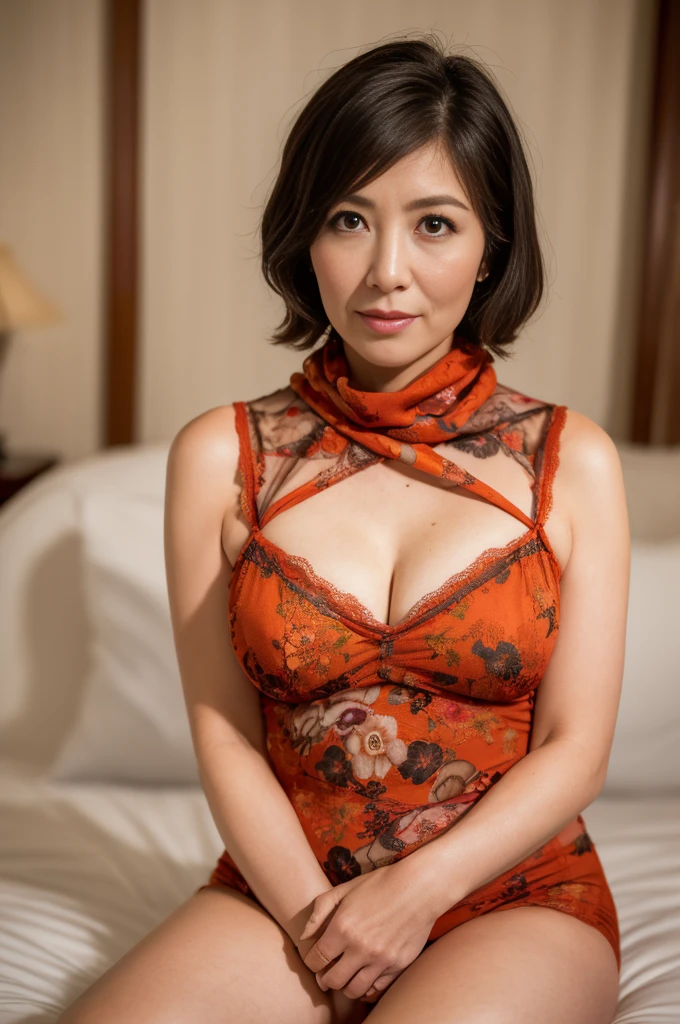 ((masterpiece, Better Quality, high resolution, Photorealistic:1.4, Raw photography, high quality image)), ((portrait:1.2)), 1Milf sitting by the bed, (wearing orange floral lingerie, scarf), curved shape: 0.5, very detailed and professional lighting, (funny facial expressions),