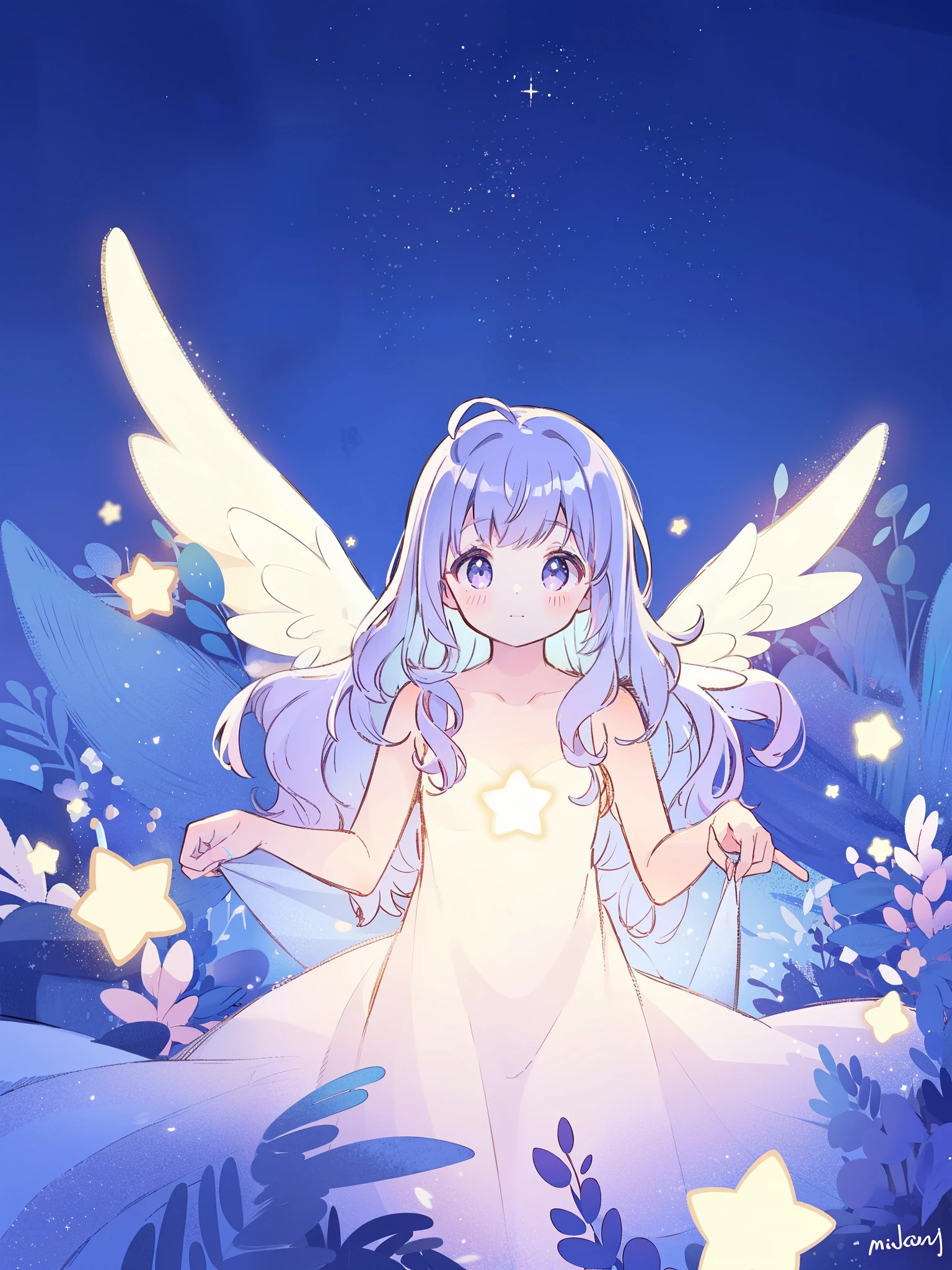 nude angel girl wearing an ethereal translucent dress, pale skin, ((wavy gradient blue purple hair)), white feathers, angel wings, sparkling detailed eyes, golden ratio face, perfect composition, highly detailed, ethereal, (starry night sky background), midjourney style