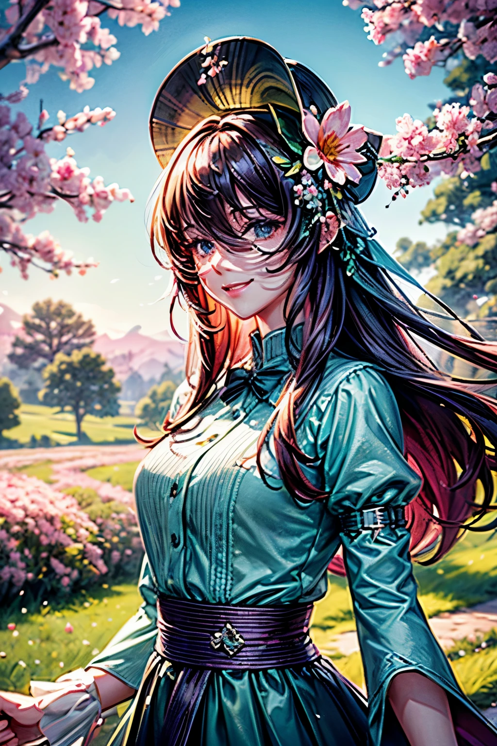 Prompt: masterpiece, best quality, ultra-detailed, 1girl, detailed water, long hair, corkscrew curls, red hair, light grey eyes, (close-up), Medium view, medium shot, depth of field, bust, upper body, cinematic angle, masterpiece, best quality, super detailed, CG, 8K wallpaper, beautiful face, delicate eyes, a maiden, solo, smile, bangs, skirt, shirt, hat, dress, bow, petals, bouquet
, maple trees, everywhere mistletoe, gorgeous, maple and spruce trees, cherry, cherry tree, smile, view from front, wolf ears, snowy background, science fiction, multiple tails, Tall evergreens stand tall and proud, their branches weighed down by heavy snow, volumetric lighting AND masterpiece, best quality, high quality, extremely detailed CG unity 8k wallpaper A vibrant spring landscape, bursting with new life and color. Rolling hills are covered with a carpet of green, dotted with delicate wildflowers in shades of pink, purple, and yellow, volumetric lighting