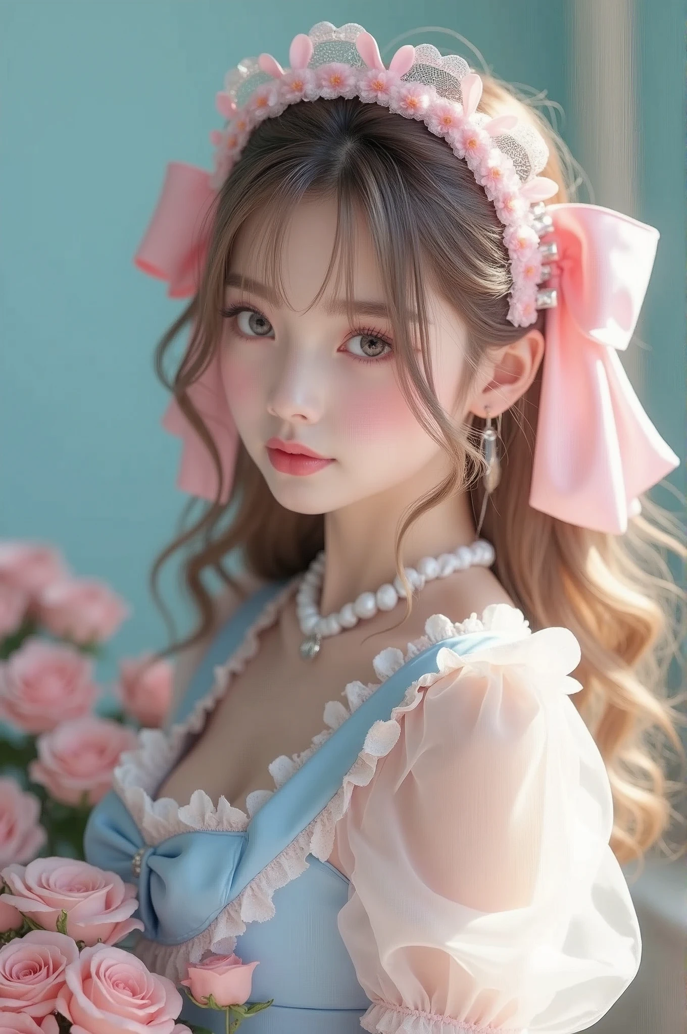 (Highest quality、masterpiece、8k、Best image quality、Hyperrealism、Award-winning works)、15-year-old cute beautiful girl、(alone:1.1)、(1 photo:1.1)、(cute, Girlish, A sheer lolita dress in light pink and light blue:1.2)、(Cute Girlish big ribbon:1.1)、(Cute and luxurious hair accessories:1.1)、(The perfect Lolita dress with attention to detail:1.2)、(A cute dress with frills and ribbons:1.1)、(cute lolita dress with lace decorations:1.1)、(Cute Girlish lolita wavy hair:1.1)、(Low length:1.1)、(height: 140cm:1.1)、(Very large breasts:1.3)、(Glamorous Body:1.3)、(Big cleavage:1.3)、(Pink Roses:1.1)、(cuteハートのシンボル:1.1)、cuteフリルがいっぱい、(大きなcuteリボン:1.1)、Accentuate your body lines、Slender body、Standing Elegantly、(Pastel color Girlish and luxurious lolita room background:1.1)、(A fairytale lolita room with attention to detail:1.1)、(cute水色の装飾壁:1.2)、(cute room with a Girlish atmosphere in pastel colors:1.1)、(cute room with very bright and shiny pastel colors:1.4)、(A very bright and shiny room:1.2)、(Full of pastel colors:1.2)、(very bright and vivid:1.4)、(cuteパステルカラーの壁飾り:1.2)、Blurred Background、Standing Elegantly少女、Accurate anatomy、Perfect Makeup、Long eyelashes、Glossy Lips、Ultra HD glossy skin、(Ultra-high definition, bright and beautiful skin:1.2)、(Super bright and radiant skin:1.2)、超高精細のGlossy Lips、Ultra-high definition beautiful teeth
