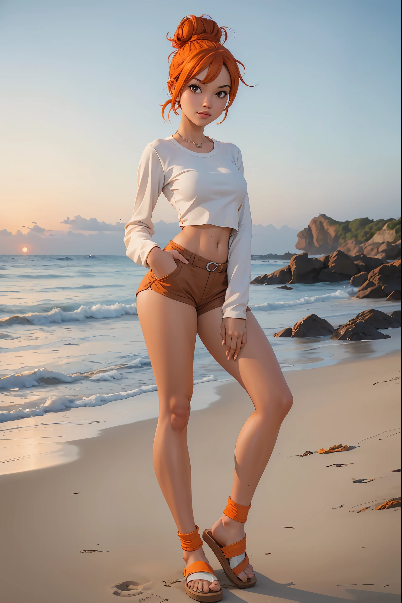 nami, sexy, at beach, one piece, hair in a bun, white crop top low cut long sleeve shirt, brown short shorts, white socks with sandals, photorealistic 1:4, orange hair