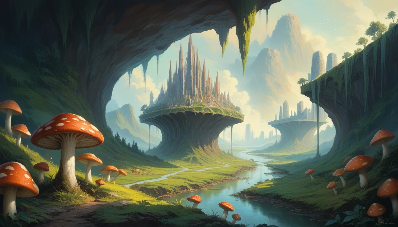 (work of art:1.2), extremely intricate detail, ff14 style, dynamic painting, depicting a bustling city with a majestic bridge spanning wide rivers, surrounded by huge giant mushrooms. The vast landscape explodes in vivid colors