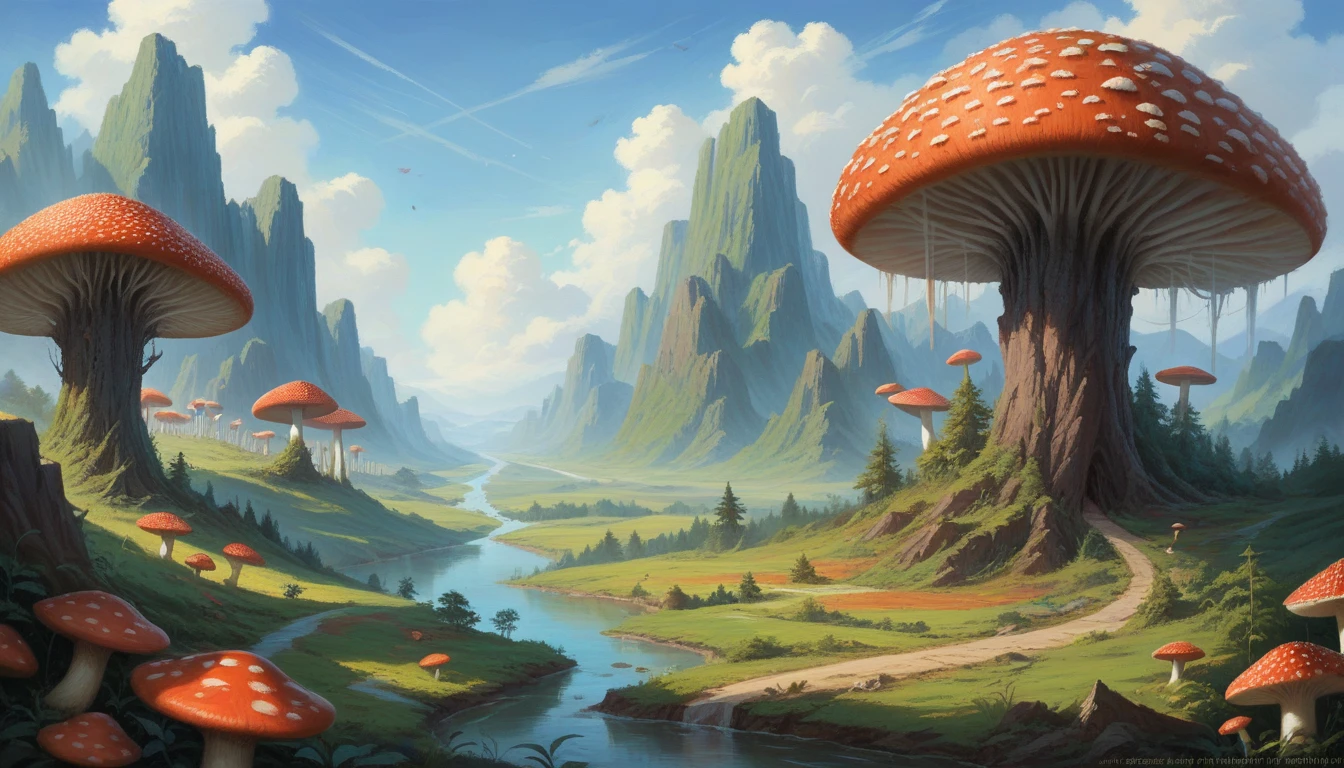 (work of art:1.2), extremely intricate detail, ff14 style, dynamic painting, depicting a bustling city with a majestic bridge spanning wide rivers, surrounded by huge giant mushrooms. The vast landscape explodes in vivid colors 