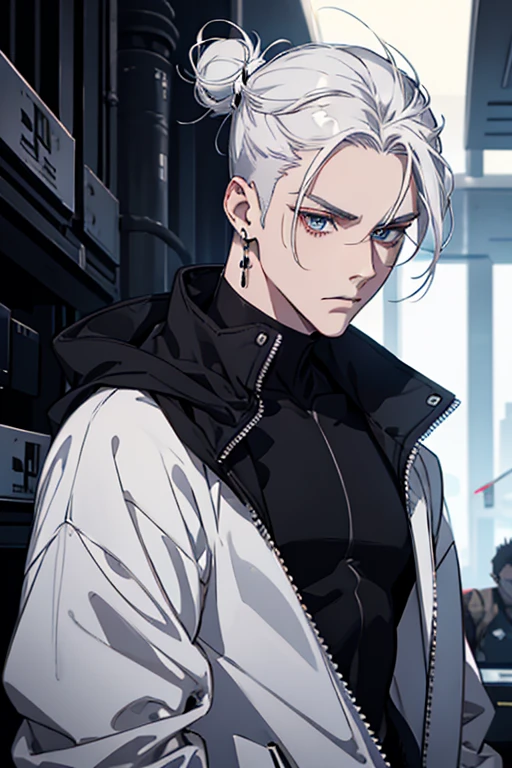 Anime man gradient young white hair low on shaved sides turns hair bun to the left side in the middle serious face with black earrings black sweatshirt Speed jeans futuristic clothes black dark circles under his eyes big black hair big brown hair extremely futuristic clothes futuristic clothes futuristic sweatshirt black skinny jeans male
