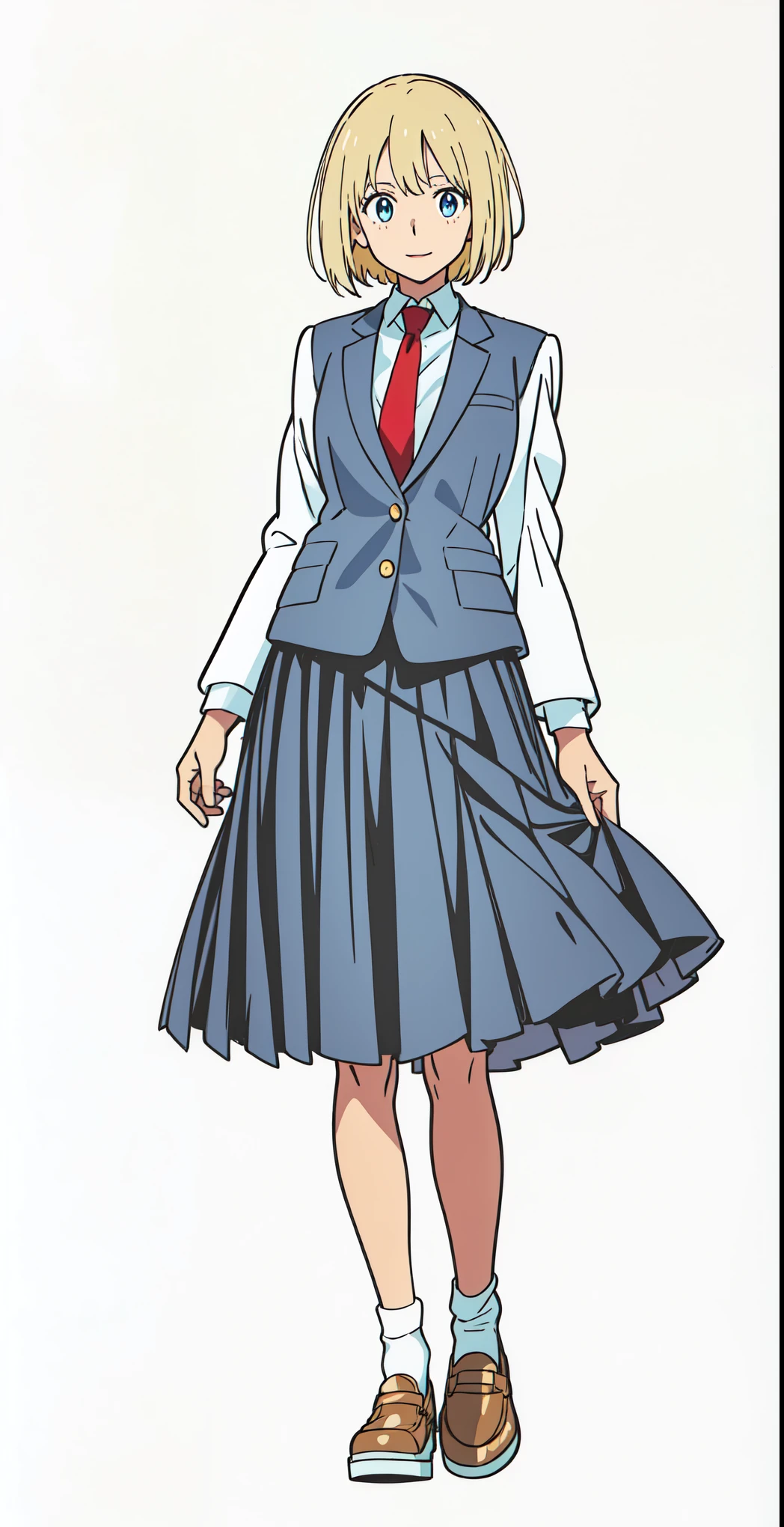 (white background:1.0), (best quality:1.0), (masterpiece:1.0), (super fine illustration:1.0), (beautiful artwork:1.0), (anime screencap:1.0), (official art:1.0), (european:1.5), (cheerful:1.5), (solo:1.0), (a 18yo cute girl:1.0), (long skirt:1.0), (blue skirt:1.0), (pleated skirt:1.0), (blue waistcoat:1.0), (white long sleeve collared shirt:1.0), (red necktie:1.0), (loafers:1.0), (white socks:1.0), (ideal ratio body proportions:1.0), (lanky:1.0), (tall:1.0), (slender:1.0), (small breasts:1.0), (smaller face:1.0), (detailed beautiful eyes:1.0), (detailed beautiful face:1.0), (glowing blue eyes:1.0), (bob cut:1.0), (swept bangs:1.0), (blonde hair:1.0), (standing:1.0), (looking at viewer:1.5)