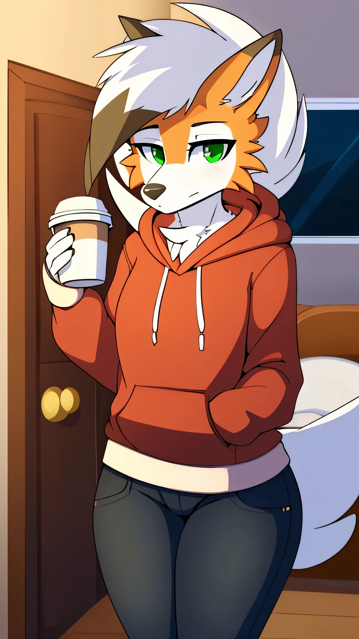 Solo, score_9,score_8_up,score_7_up, source_furry, an Anthro furry Dusk Lycanroc female, green eyes, wearing a hoodie in white color, black jeans, looking bored, holding a cup of coffe, standing, looking at you, in bedroom