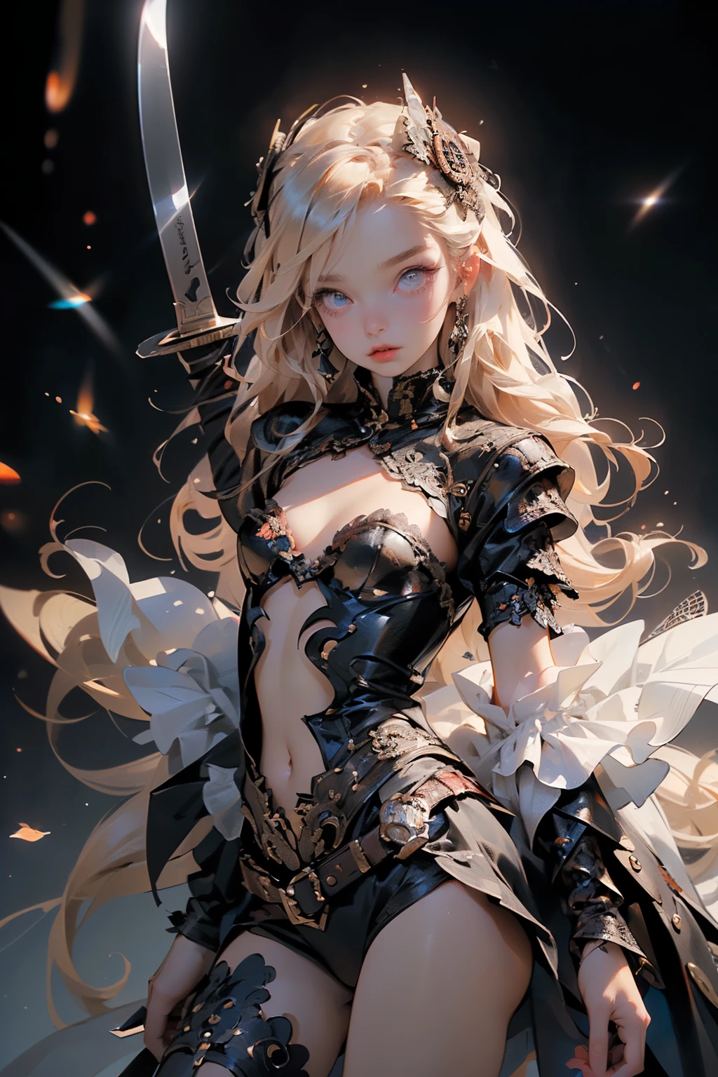 (((masterpiece, of the highest quality, super detailed))), (a female knight of an occult order), ((((a sword with a digital glitch-like effect to the blade as though it is rapidly flickering in and out of reality, with a very slight warping effect around it similar to gravitational lensing, is floating next to her)))), Edwardian/Victorian era inspired, ((minimal but intricate beautiful armour)), Fluttering lace flared dress with frilly petticoats, ((((Highly detailed face))), (((Very sharp focused eyes))), very long eyelashes, small breasts, (((flat chest:1.1))), occult aesthetic, (red and white clothing detailed and intricate steampunk and detailed gothic), (with a hood), complex lace boots