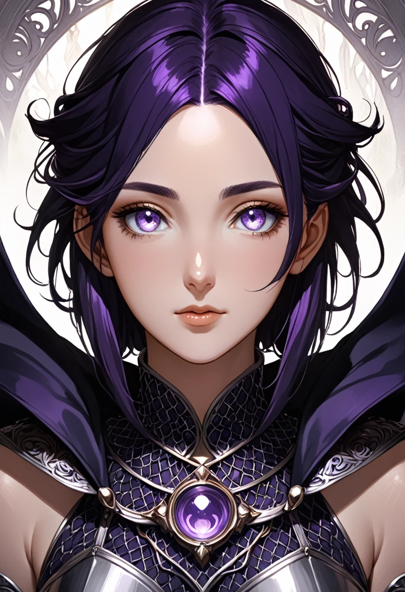 A woman (hyuuga hinata) with Roxo hair and Luminous eyes(Empty eyes)  looks at the camera, 
ruanyi0801,revealing clothes,jewelry,chainmail,sleeveless,tight skirt
Beautiful picture of the character, character portrait, character portrait, 🤤 hinata huyga character art, epic portrait illustration, Details character portrait, neo-artcore and high quality portrait, fantasy concept art portrait, detailed matte fantasy portrait, charlie bowater art style, Detailed beautiful portrait, fantasy art portrait
oil and watercolor painting, dark, chiaroscuro, MythAn1m3