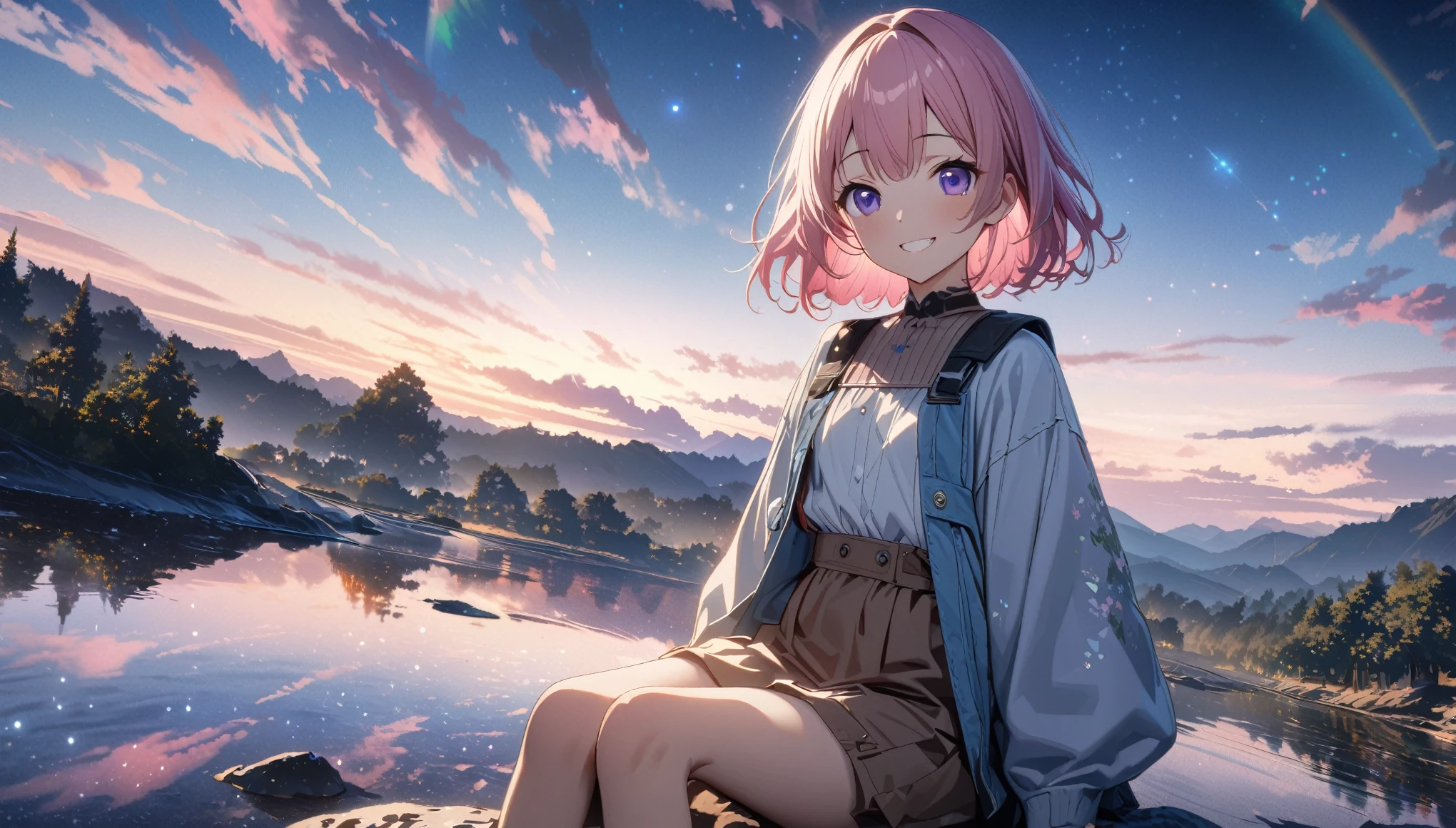 one women, short pink hair and bob hair.、beautiful purple eyes、smile、gentle smile on her face、flat chest, one Beautiful girl,((masterpiece, illustration, best quality) ((ultra-detailed))\sky, 1girl close view, ht sky, solo, outdoors, cloud, sitting on a rock , tree, short pink hair, sitting on a rock, in the mountains, a beautiful view , have some clouds, 濃い青とBeautiful Blueのグラデーション, High resolution, 8K HD detail, hyper-detail, cinematic, surrealism, soft light, deep field focus bokeh, ray tracing and surrealism. --v6