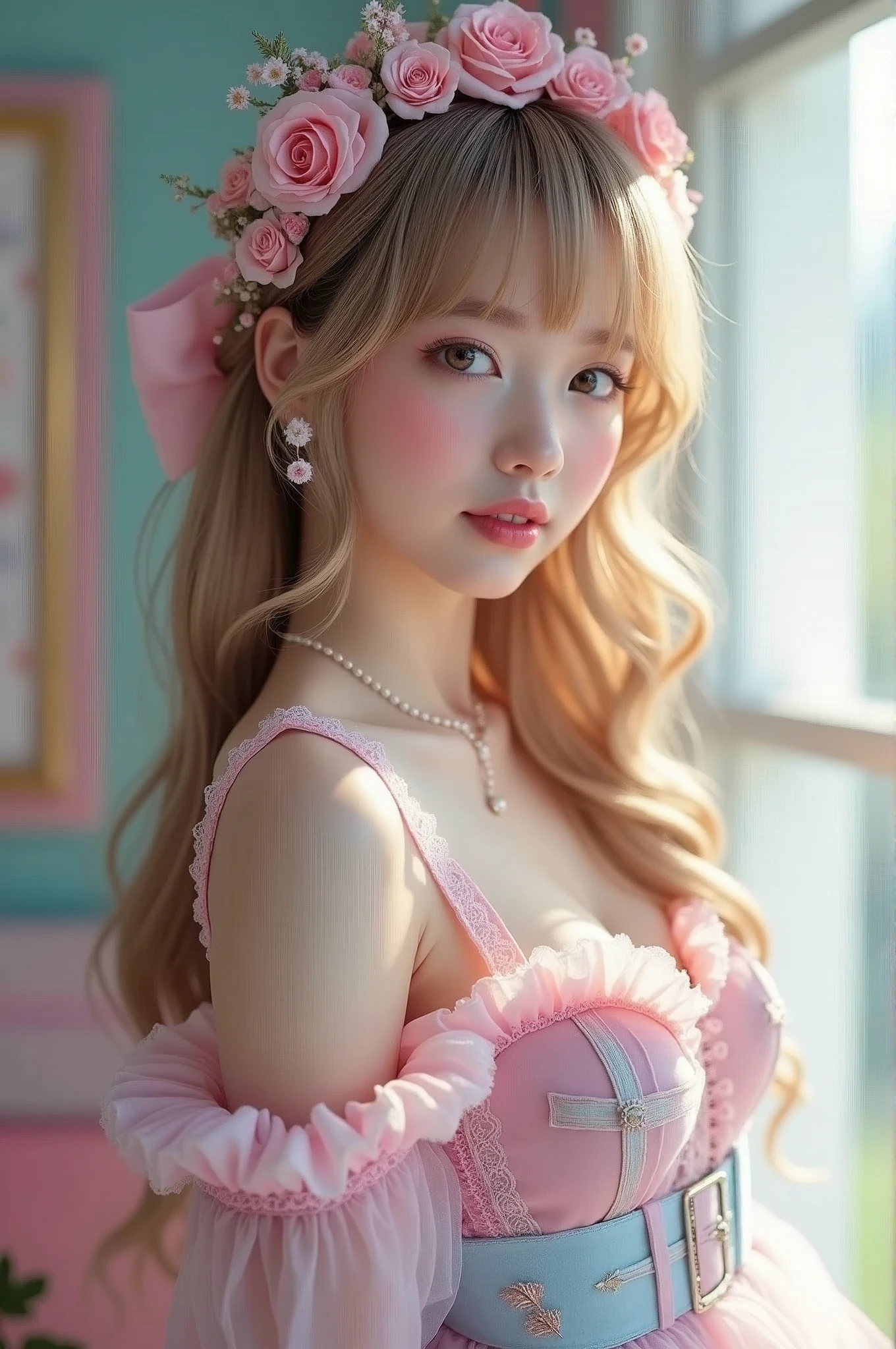 (Highest quality、masterpiece、8k、Best image quality、Hyperrealism、Award-winning works)、cute beautiful、(alone:1.1)、(1 photo:1.1)、(nude:1.2)、(Apparently cute big ribbon:1.1)、(Cute and luxurious hair accessories:1.1)、(Cute-ish wavy hair:1.1)、(Low length:1.1)、(height: 140cm:1.1)、(Very small breasts:1.5)、(Glamorous Body:1.5)、Accentuate your body lines、Slender body、Standing Elegantly、(Pastel-colored girly and luxurious bedroom background:1.1)、(A fairytale room with attention to detail:1.1)、(Cute light blue decorative wall:1.2)、(A cute room with a pastel color atmosphere:1.1)、(A cute room with very bright and shining pastel colors:1.4)、(A very bright and shiny room:1.2)、(Lots of pastel colors:1.2)、(very bright and vivid:1.4)、(Cute pastel color wall decorations:1.2)、Blurred Background、Standing Elegantly Girl、Accurate anatomy、Perfect Makeup、Long eyelashes、Glossy Lips、Ultra HD glossy skin、(Ultra-high resolution, bright and beautiful skin:1.2)、(Super bright and radiant skin:1.2)、Ultra-high resolution glossy lips、Ultra-high resolution beautiful teeth、Light brown and blonde hair、Light brown eyes(Cute face like an idol, sister, nude, erotic, sex, full body shot, spreading pussy, pussy, girl, spread legs, B cup breasts)