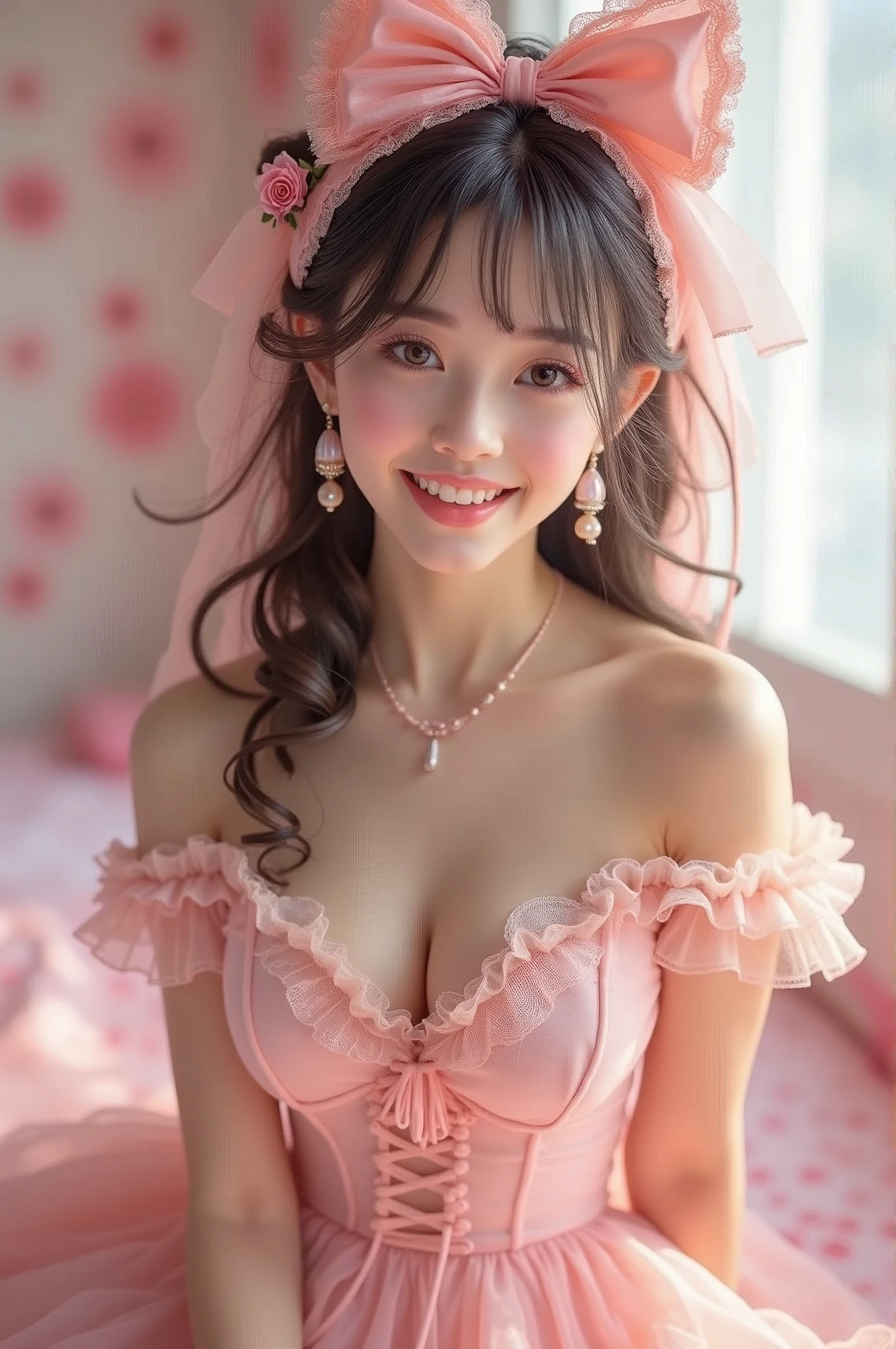 (Highest quality、masterpiece、8k、Best image quality、Hyperrealism、Award-winning works)、cute ta girl、(alone:1.1)、(1 photo:1.1)、(cute, Girlish, Light Pink, Sheer Loliress:1.2)、(Cute Girlish big ribbon:1.1)、(Cute and luxurious hair accessories:1.1)、(The perfect Lolita d with attention to detail:1.2)、(A cute dress with frills and ribbons:1.1)、(cute lolita dressh lace decorations:1.1)、(Cute Girlish lolita wavy hair)、(Low length:1.1)、(height: 140cm:1.1)、(Very large breasts:1.2)、(Glamorous Body:1.1)、(Big cleavage:1.1)、(Pink Roses:1.1)、(cuteハートのシンボル:1.1)、cuteフリルがいっぱい、(大きなcuteリボン:1.1)、Accentuate your body lines、Slender body、Standing Elegantly、(Pastel color Girlish and luxurious lolita room backgrou.1)、(A fairytale lolita room with attentio detail:1.1)、(cute水色の装飾壁:1.2)、(cute room with a Girlish atmosphere in pastel colors:1.1)、(cute room with very bright and shiny pastel colors:1.4)、(A very bright and shiny room:1.2)、(Full of pastel colors:1.2)、(very bright and vivid:1.4)、(cuteパステルカラーの壁飾り:1.2)、Blurred Background、Standing Elegantly少女、Accurate anatomy、Perfect Makeup、Long eyelashes、Glossy Lips、Ultra HD glossy skin、(Ultra-high definition, bright and beautiful skin:1.2)、(Super bright and radiant skin:1.2)、超高精細のGlossy Lips、Ultra-high definition beautiful teeth