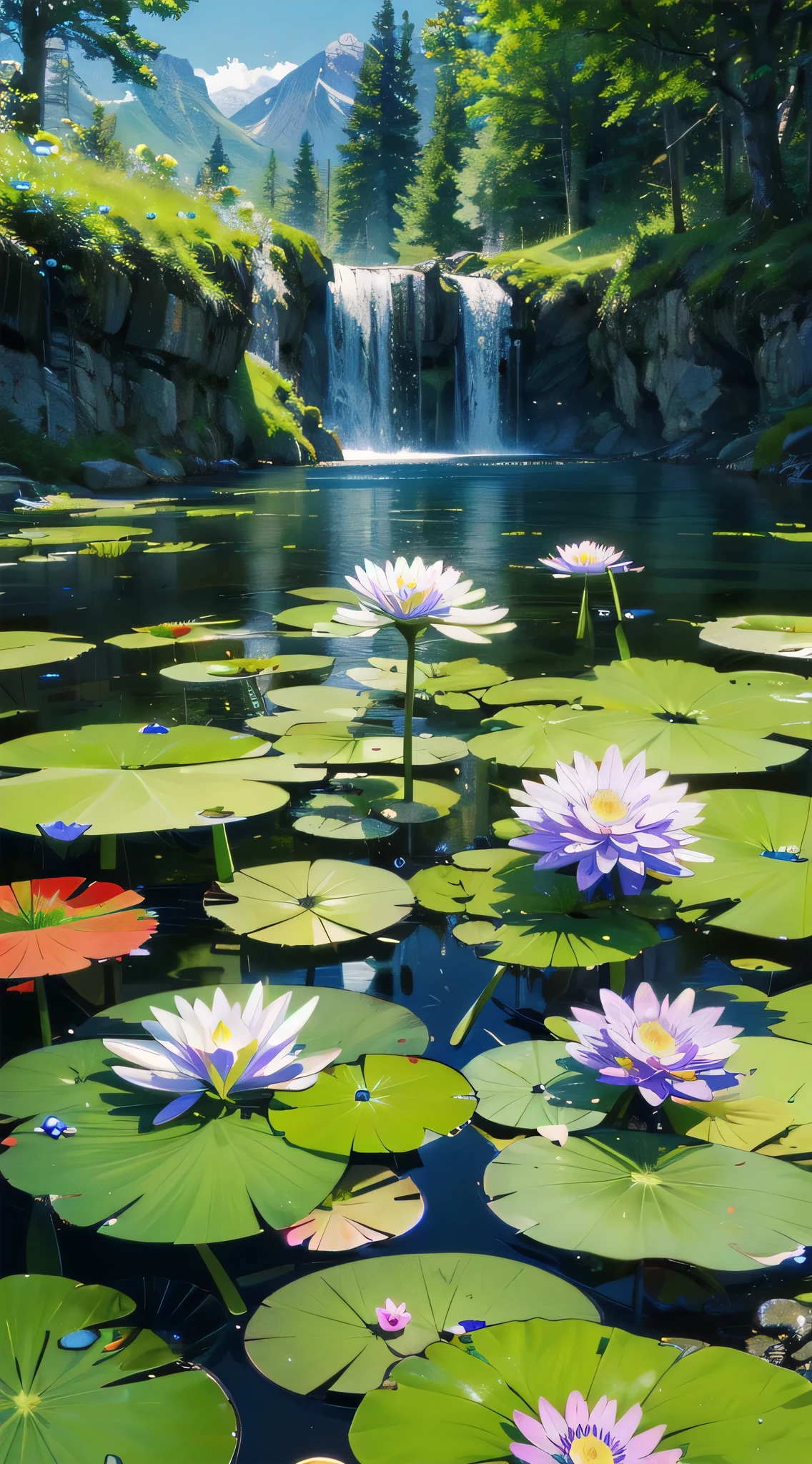 (masterpiece, best quality, no human, landscape, scenery, water flowers:1.2), 8k, 85mm, official art, raw photo, absurdres, perspective, depth of field, HDR, sharp focus, highres, photography, mountain, realistic, highest detailed, extreme detailed, ultra detailed, finely detail, flowers