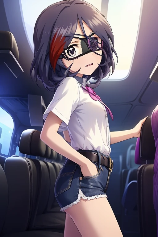 Hayasaka Mirei,purple hair,multicolored hair,fang,brown eyes,short hair,eyepatch,white shirt,Denim shorts,from side,belt