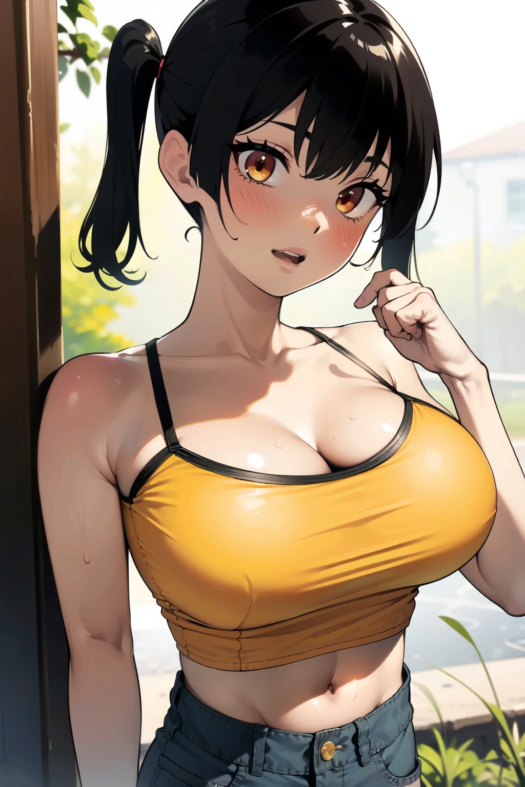 (masterpiece, best quality, highres:1.2), (photorealistic:1.2), raw photo,(bokeh:1.3),  1girl, bad expression,((large ample breasts)),(Beautiful breasts in shape),Stylish, nagatiti, cleavage, ((Emphasize cleavage)),breast focus, (Narrow shoulders),Slender, skinny body,delicate,(curvin waist),Regal Princess Bow pose, (viewed from behind:1.1),beautiful face, seductive gaze, shiny skin, blush, eyeliner, eyeshadow, eyelashes, looking down, Abandoned Buildings background , Yellow Cat eyes,(  medium Aqua Textured Crop Cut hairstyle),cinematic lighting, sunlight, volumetric,   sasaki kanna, (black hair:1.4), (red eyes:1.2), (short twintails:1.2), (yellow camisole:1.2), midriff, (denim shorts:1.2), tanned skinnice hands, perfect hands, sweat,steam,breath,blush,A big smile,under boobs