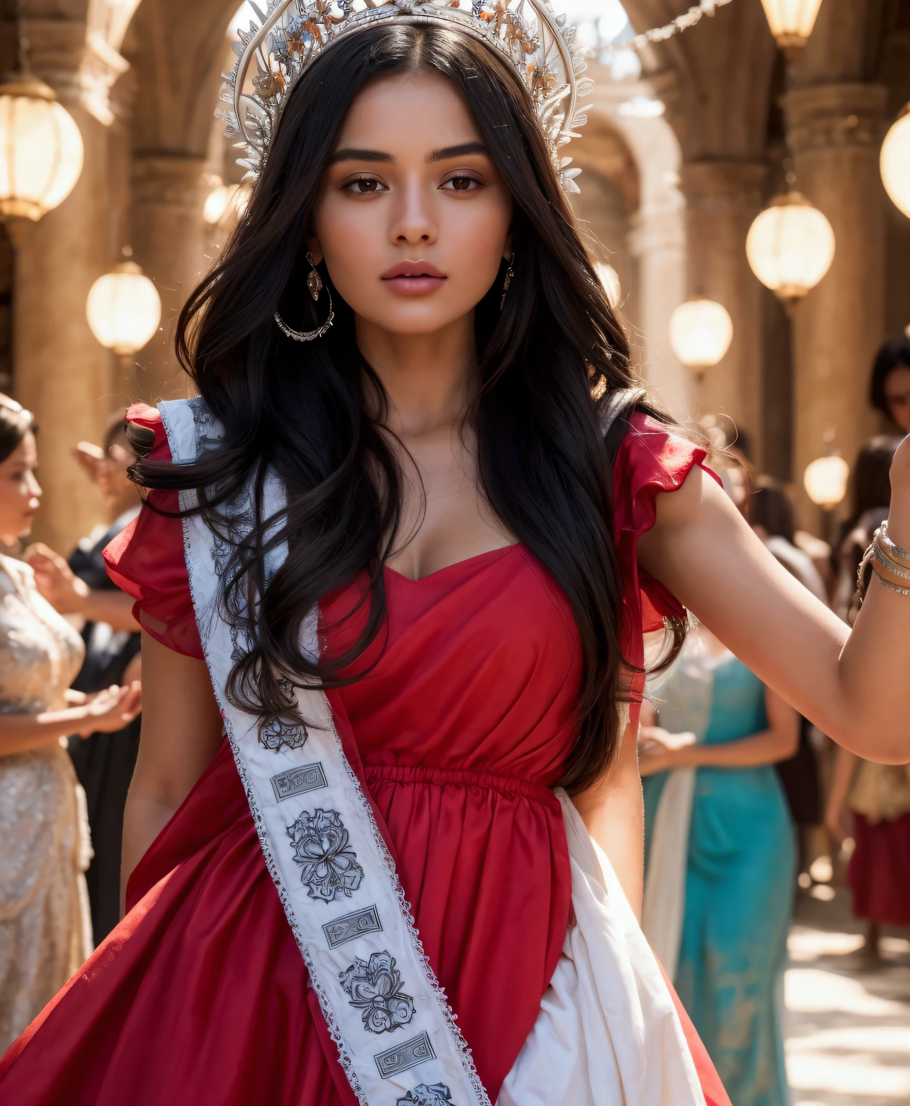 The most beautiful Spanish woman, is at a party in a palace full of beautiful women, woman with the most beautiful face, long and messy abundant black hair, tan skin, the woman is wearing a red and white dress, a crystal crown, sunset light, epic, ultra realistic, 4k, Ultra detailed image, realistic, Highly detailed, perfect composition, splendid, Intricately detailed, Incredibly detailed, 8k artistic photography, hyper detailed, Masterpiece, Ultra detailed