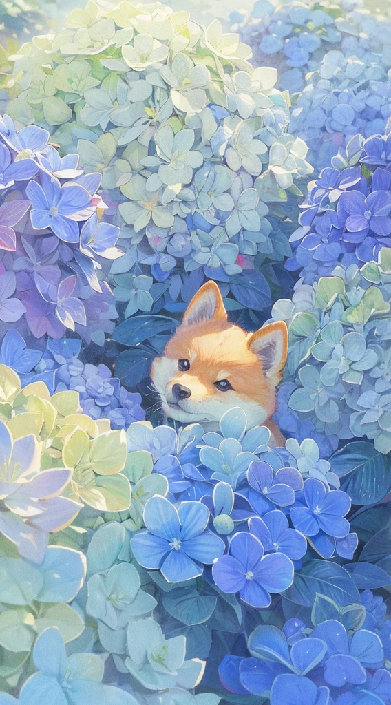 (Highest quality, masterpiece:1.2), In the middle of a big hydrangea、Chubby cute fluffy dog, close, Hergé and Moebius style, Flat comic color, Bold, Simple shape, dream-like, Very detailed, Digital Illustration, 2D