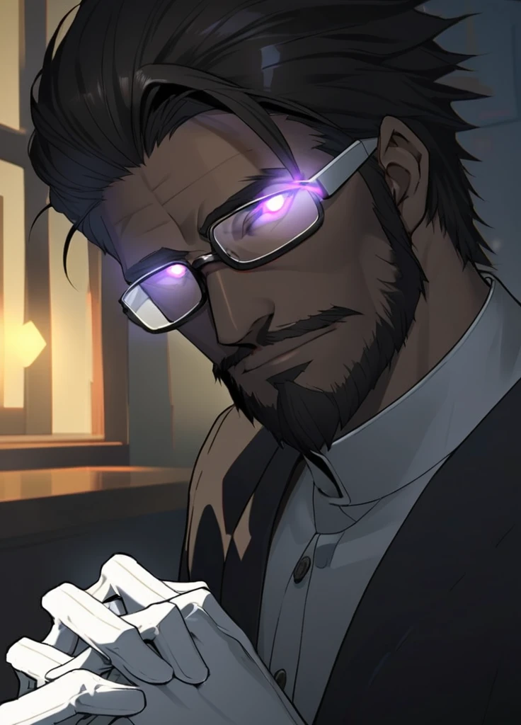 独奏,looking at viewer,short hair,black hair,gloves,long sleeves,1boy,upper body,male focus,glasses,indoors,white gloves,school uniform,glowing,facial hair,own hands together,interlocked fingers,glowing eyes,beard,own hands clasped,opaque glasses