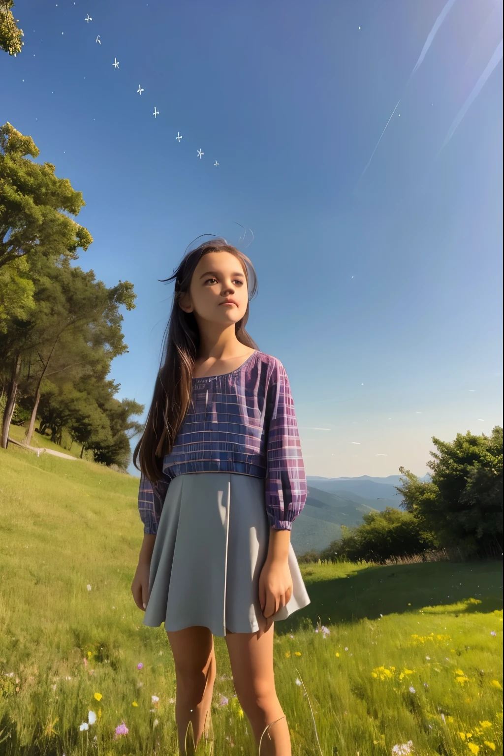 a girl on top of a hill, starry sky, view from below, flowering grass and trees,