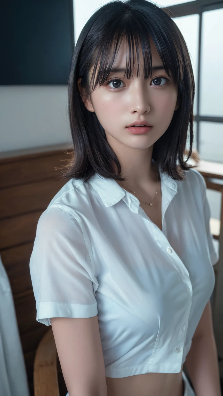 (Highest quality:1.4),(masterpiece:1.4),(Realistic:1.4),(Realistic:1.2),(超High resolution, RAW Photos:1.4),(High resolution, Super detailed:1.2),(8K:1.2),Cinematography,a photo of a dark-haired,One Girl,alone,(White shirt),Big Breasts,((Upper Body:1.3))