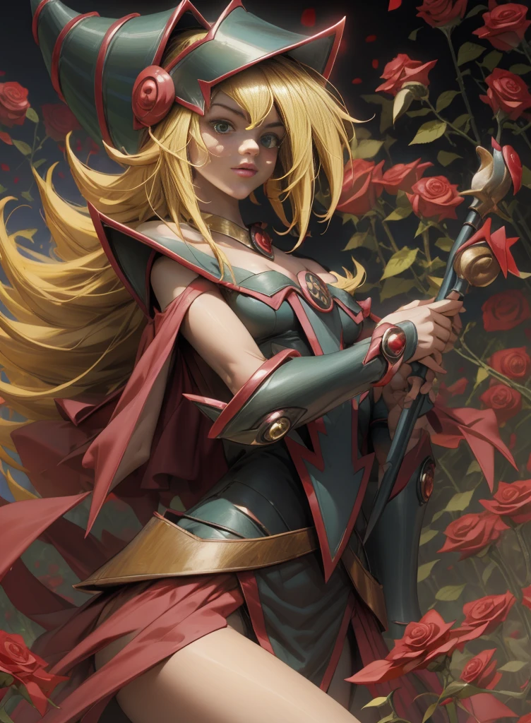 Beautiful dark magician gils. Young man with long blonde hair. green eyes. small lips. She is in a garden of red roses.. Red roses surround her. pose and innocent. red roses background.