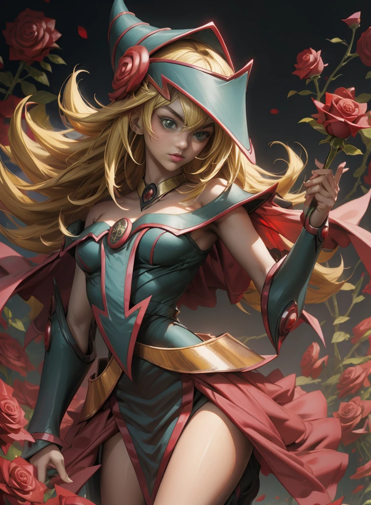 Beautiful dark magician gils. Young man with long blonde hair. green eyes. small lips. She is in a garden of red roses.. Red roses surround her. pose and innocent. red roses background.