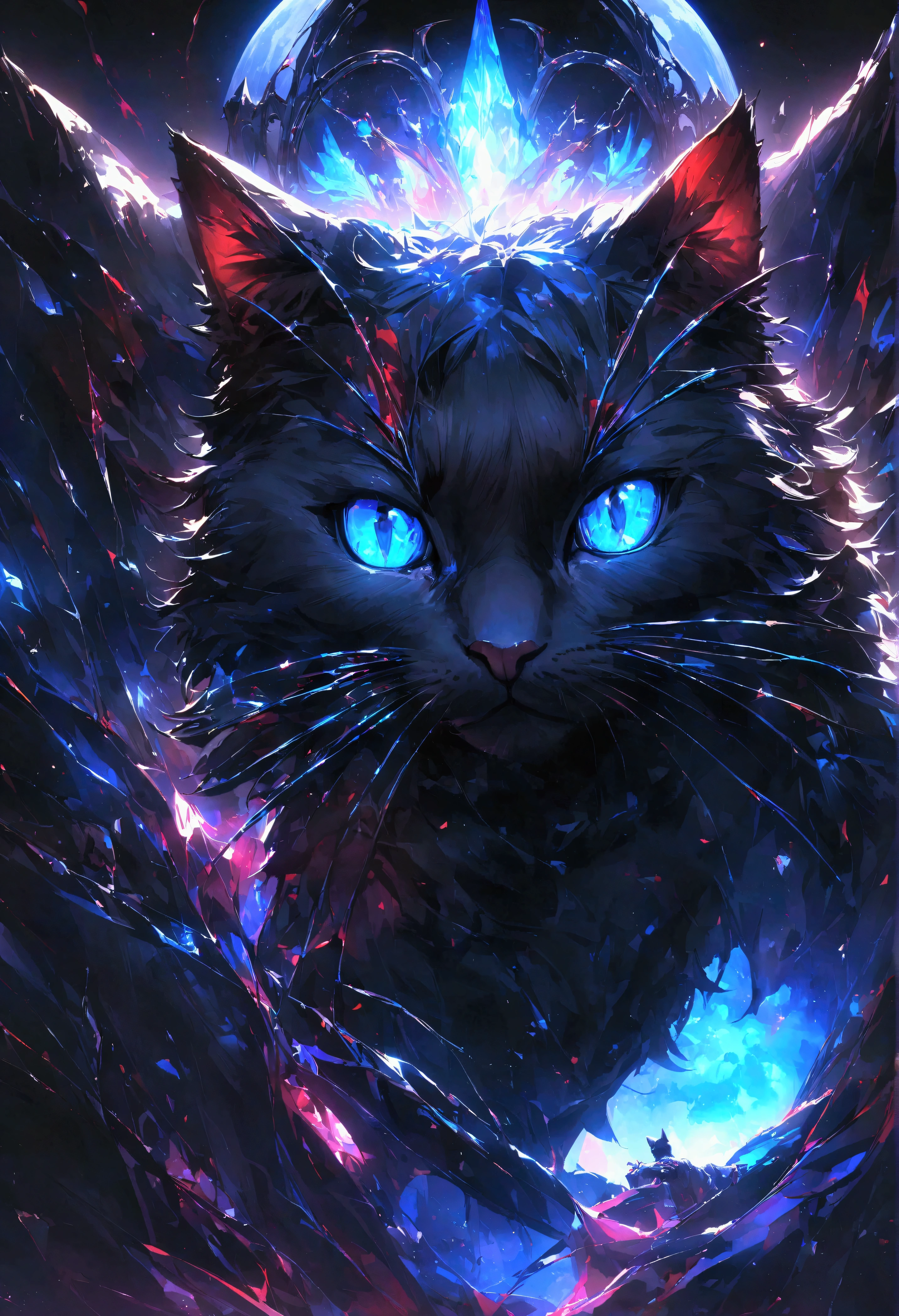 Black cat、Black Crown、Black Feather、beautiful青い目の猫、Also々funny Face、beautiful、blue Moon、Lots of blue light、ファンタジーBlack cat,Facial close-up enhancement,AmbiLight,The colors are vibrant and bright,Black background,mist,Detailed Description,Rich details,An explosion of imagination,Surreal,Ultra-realistic,masterpiece,8k,Light,Tyndall effect