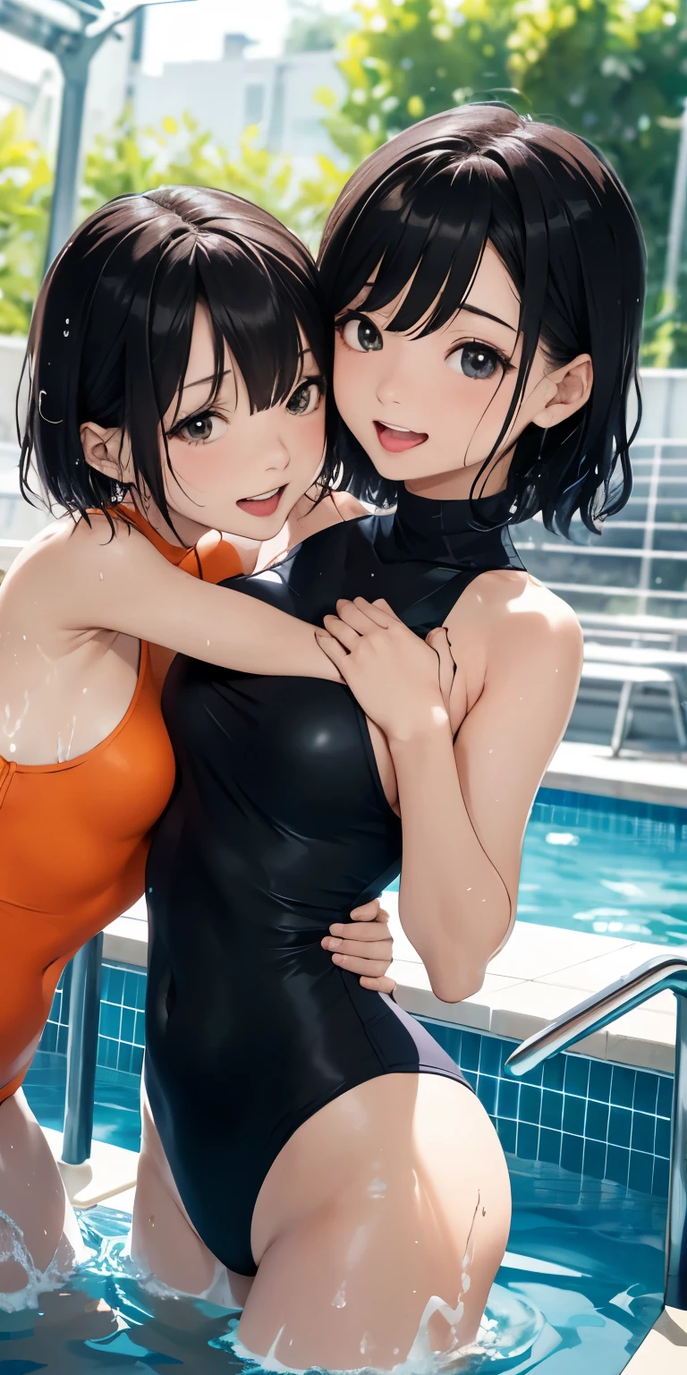 10 year old girl、Licking fingers、((your breasts will grow、))Black Hair、(See through)、your breasts will grow(Face with open mouth)Background Outdoor pool、(My body is soaked..5)、Wavy hair and super short bob hair、Realistically、(Two 10 year old girls hugging each other, your breasts will grow胸の膨らみを強調する)((Gross 5.5))(She is wearing a sleeveless orange turtleneck swimsuit..),,Accentuate your cleavage,Looking up from below,blush,moist pink lips,sexy,Own,Please open your mouth wide、Place your arms behind your head、