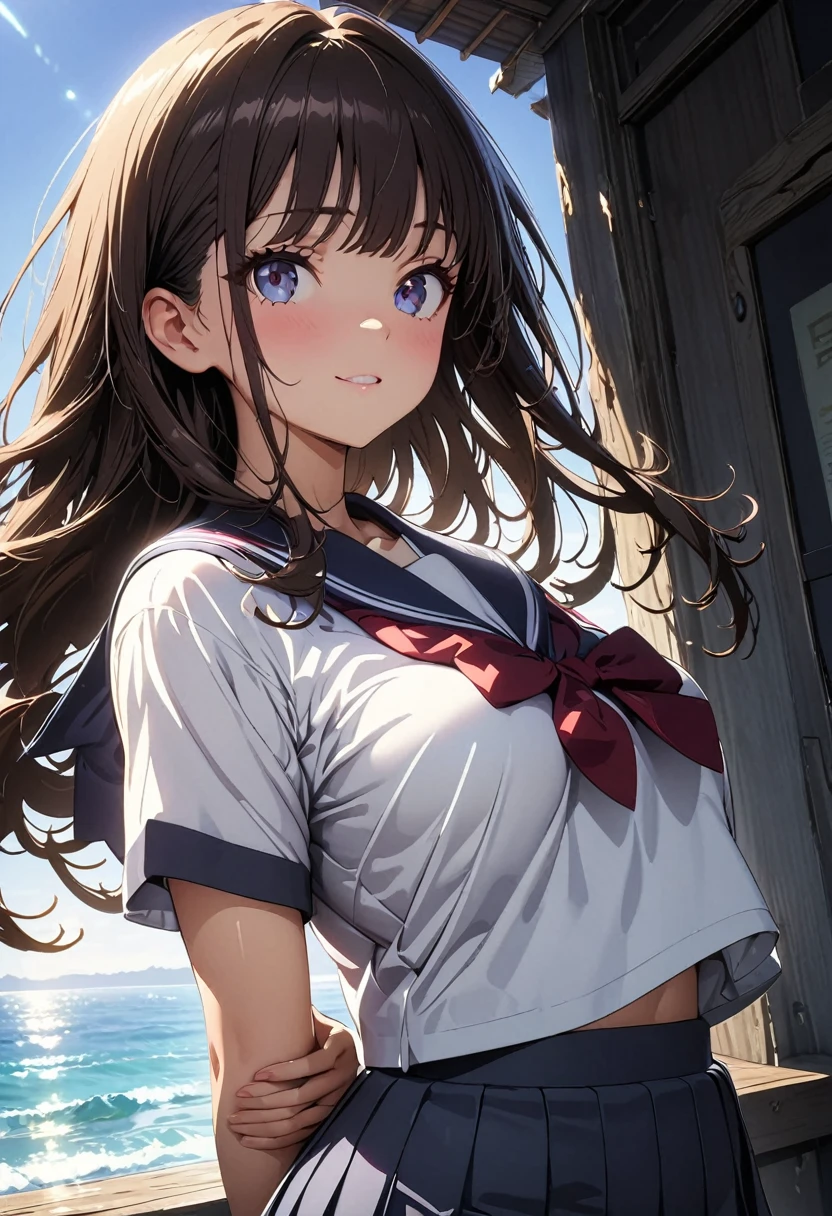 (best quality: 1.2, very detailed, high detail, latest, lively, masterpiece: 1.2, top quality, best aesthetic, perfect lighting, best shadow, high contrast, the best natural light), Anime artwork,
anatomically correct, perfect hands,
((attractive high school girl, 1 girl)),
(Japanese school girl uniform, Japanese sailor suit),
long straight hair, bangs, shiny dark brown hair,
(very small head:1.3), long body, long limbs, white skin, slender body, toned body, (arms behind back: 1.1),
sparkling dark eyes, moist eyes, (finely detailed beautiful eyes: 1.3),
seductive face, adorable face,
daytime, scenery, beautiful blue sky and ocean, natural light effects,
cowboy shot, shot from below,
deep depth of field,