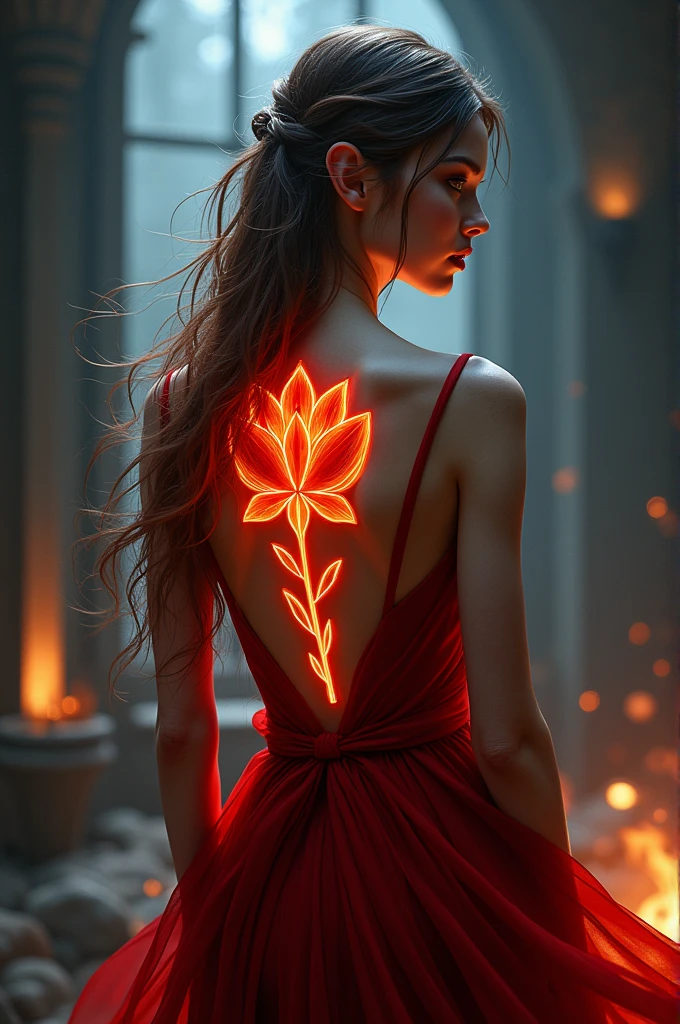 Arafed, Dark fantasy art, fantasy art, goth art, a picture of a tattoo of a tulip on the back of a female elf, a glowing tattoo of a ((tulip: 1.3)) on the elf's back, the ((tulip tattoo: 1.3)) is vivid, intricate detailed,  ((fire surrounds the tulip: 1.5)), shot taken from the back, ((the back is visible: 1.3), she wears a transparent dress, dynamoc color dress, the dress is elegant, flowing, elven style, that the tattoos glow, dynamic hair color, dynamic hair style,  vibrant, Ultra-high resolution, High Contrast, (masterpiece:1.5),  highest quality, Best aesthetics, best details, best quality, highres, 16k, (ultra detailed: 1.5), masterpiece, best quality, (extremely detailed) RAW, (ultra details, Masterpiece, best quality) faize, Digital Painting, *channel_42*, rpg portrait