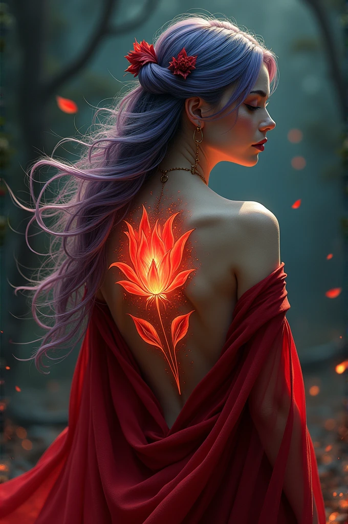 Arafed, Dark fantasy art, fantasy art, goth art, a picture of a tattoo of a tulip on the back of a female elf, a glowing tattoo of a ((tulip: 1.3)) on the elf's back, the ((tulip tattoo: 1.3)) is vivid, intricate detailed,  ((fire surrounds the tulip: 1.5)), shot taken from the back, ((the back is visible: 1.3), she wears a transparent dress, dynamoc color dress, the dress is elegant, flowing, elven style, that the tattoos glow, dynamic hair color, dynamic hair style,  vibrant, Ultra-high resolution, High Contrast, (masterpiece:1.5),  highest quality, Best aesthetics, best details, best quality, highres, 16k, (ultra detailed: 1.5), masterpiece, best quality, (extremely detailed) RAW, (ultra details, Masterpiece, best quality) faize, Digital Painting, *channel_42*, rpg portrait