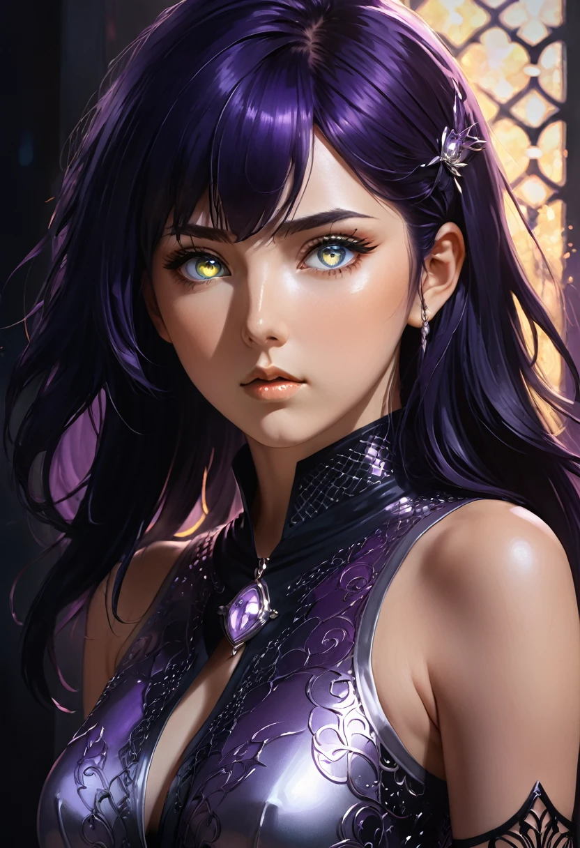 A woman (hyuuga hinata) with Roxo hair and Luminous eyes(Empty eyes)  looks at the camera, 
ruanyi0801,revealing clothes,jewelry,chainmail,sleeveless,tight skirt
Beautiful picture of the character, character portrait, character portrait, 🤤 hinata huyga character art, epic portrait illustration, Details character portrait, neo-artcore and high quality portrait, fantasy concept art portrait, detailed matte fantasy portrait, charlie bowater art style, Detailed beautiful portrait, fantasy art portrait
oil and watercolor painting, dark, chiaroscuro, MythAn1m3