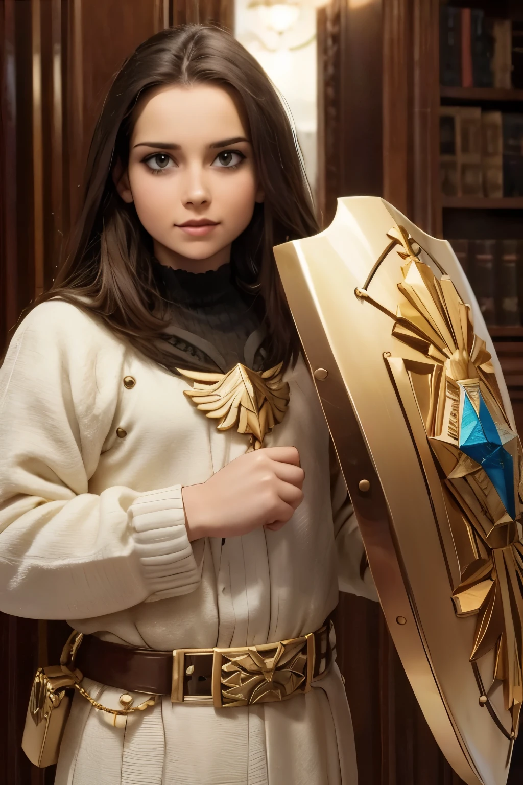 He holds a white and gold shield in his hand