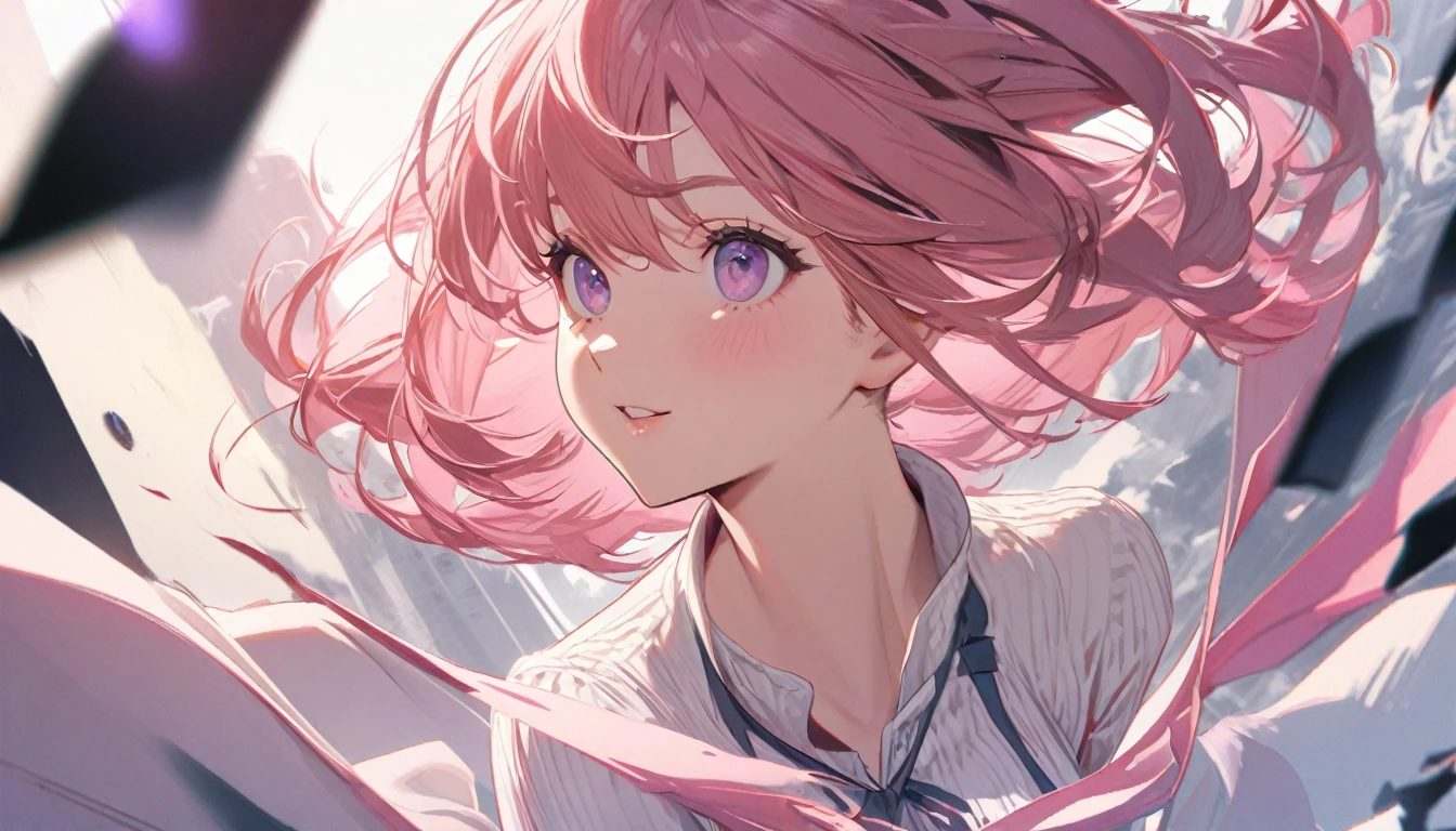 one women, short pink hair and bob hair.、beautiful purple eyes、smile、gentle smile on her face、flat chest, one Beautiful girl,((masterpiece, illustration, best quality) ((ultra-detailed))/pink hair, white shirt, pink jacket, 1girl, stylish