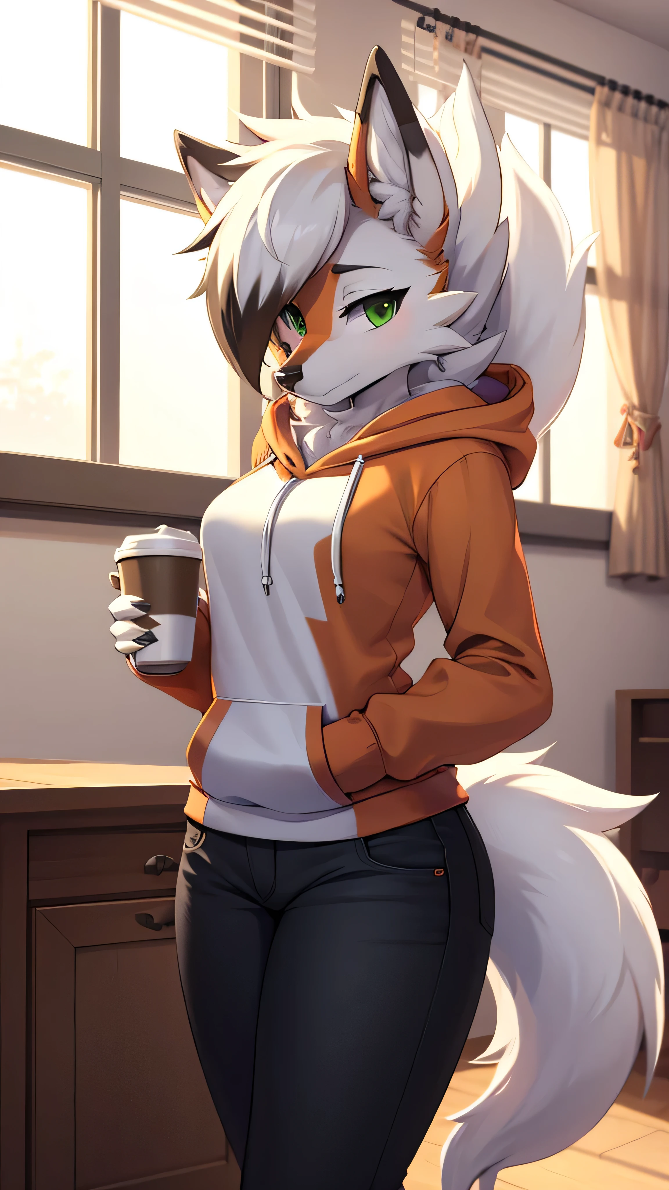 Solo, score_9,score_8_up,score_7_up, source_furry, an Anthro furry Dusk Lycanroc female, green eyes, wearing a hoodie in white color, black jeans, looking bored, holding a cup of coffe, standing, looking at you, in bedroom