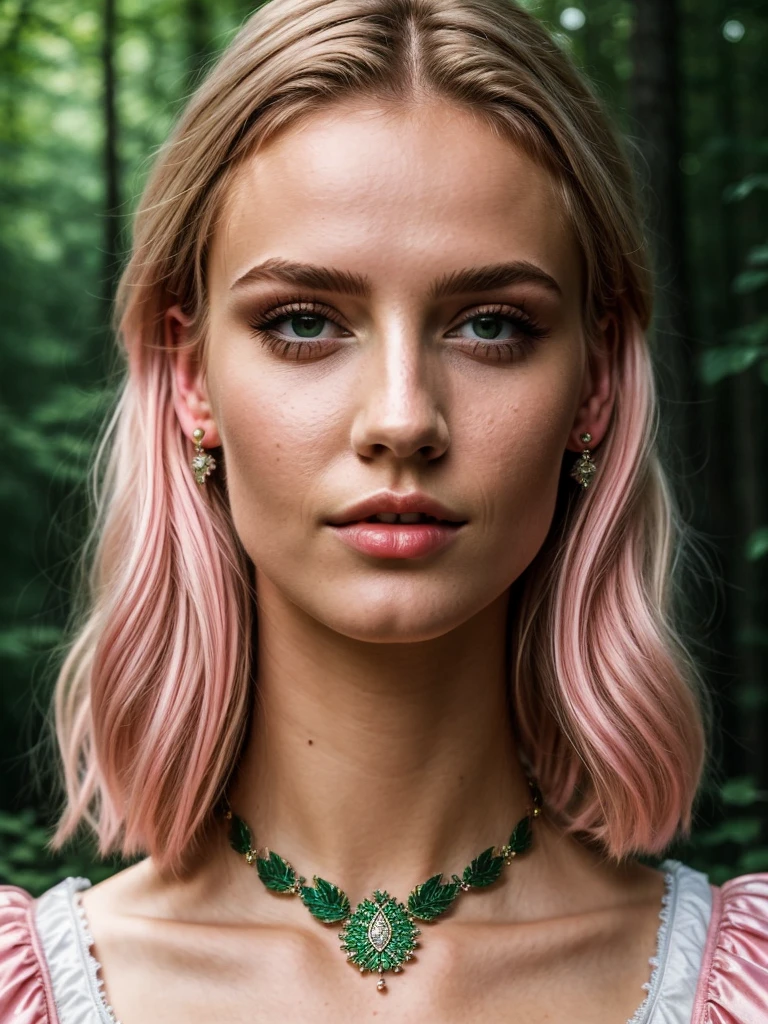 ((best quality)), ((masterpiece)), (detailed), perfect face, 1Girl, (Russian Model,, hot, sexy), Short blonde hair, wearing medieval dress, corset, (green eyes), Beautiful, in a forest, (sexy, looking at pov),very long eyelashes, pink shiny lipgloss, long diamond earrings, big diamond collar, 