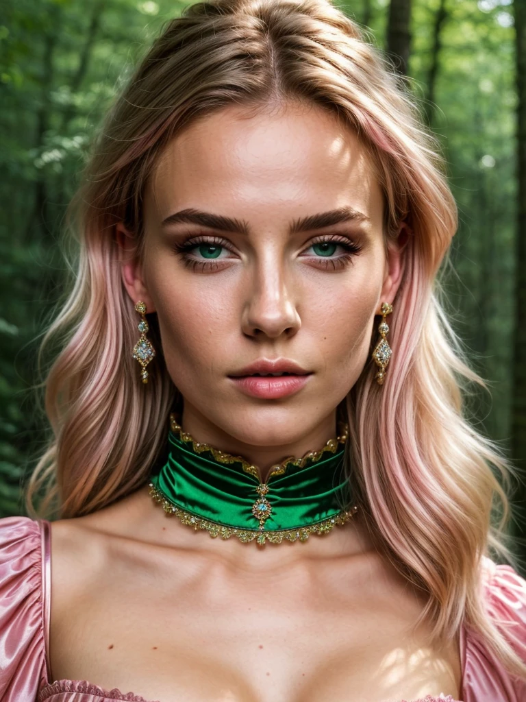 ((best quality)), ((masterpiece)), (detailed), perfect face, 1Girl, (Russian Model,, hot, sexy), Short blonde hair, wearing medieval dress, corset, (green eyes), Beautiful, in a forest, (sexy, looking at pov),very long eyelashes, pink shiny lipgloss, long diamond earrings, big diamond collar, 