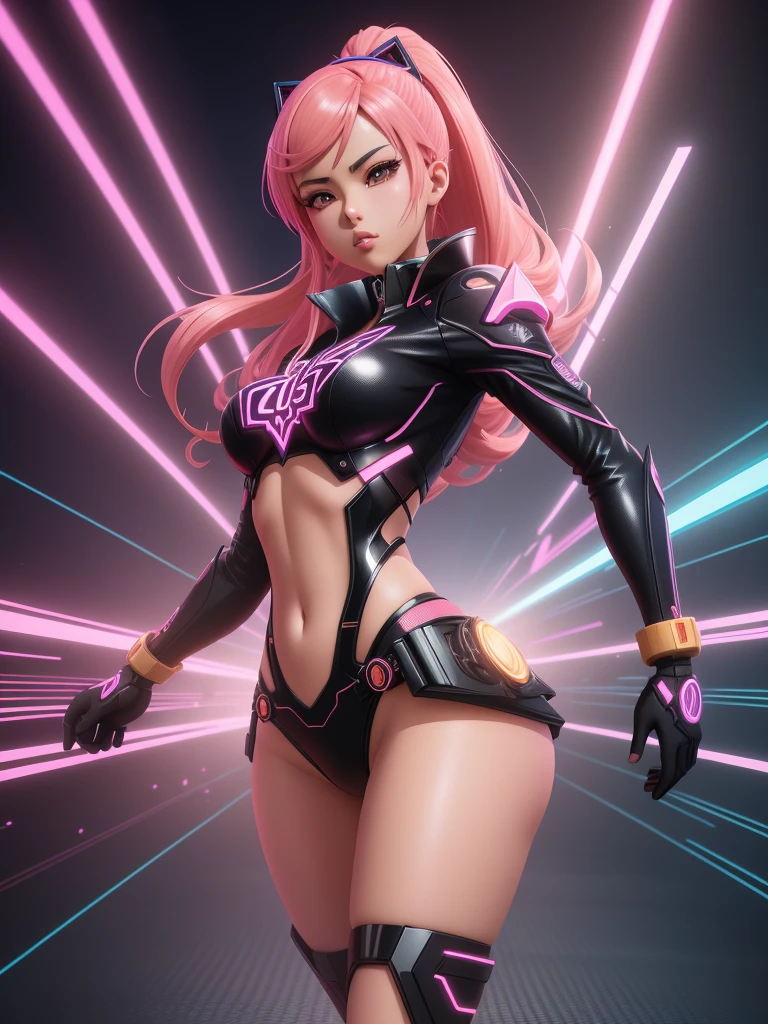 A highly detailed 3D character design of a beautiful anime-style girl, featuring a retrowave aesthetic with vibrant neon colors and dynamic energy. The full body shot showcases exaggerated proportions and an intricate costume design, reminiscent of Trigger Studio's anime art style. The character is rendered in a manga comic book style with elements of dynamic graffiti art, creating a visually striking graphic design. The composition follows the golden ratio, perfect for t-shirt design. The artwork is hyper-detailed and photorealistic, with cinematic lighting highlighting the character's glossy skin and dramatic pose. This digital painting combines 3D modeling techniques with 2D anime aesthetics, resulting in a masterpiece of concept art that bridges the gap between traditional anime and modern 3D rendering, all presented in stunning 8K resolution.